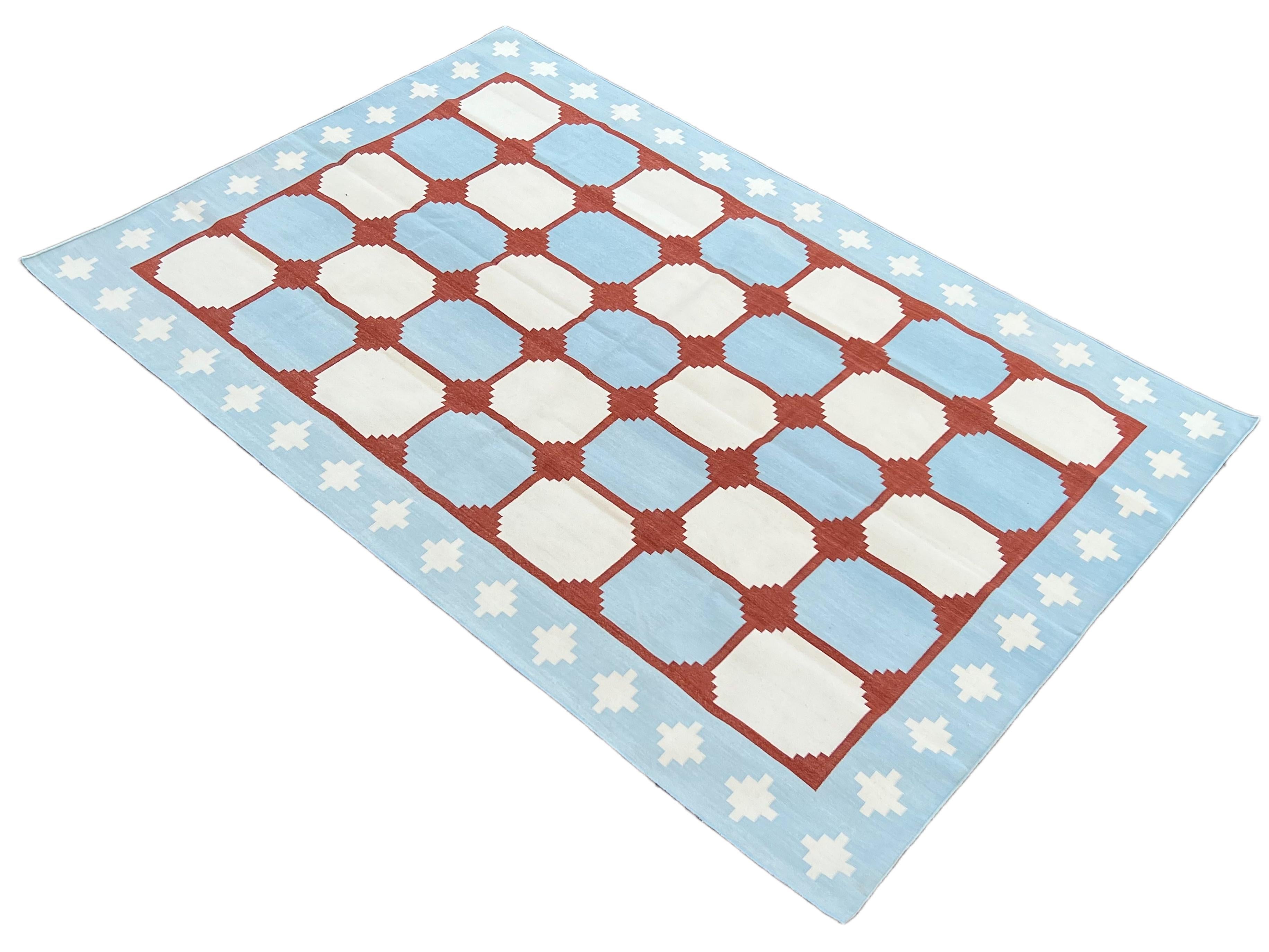 Handmade Cotton Area Flat Weave Rug, Blue & Red Indian Star Geometric Dhurrie For Sale 5