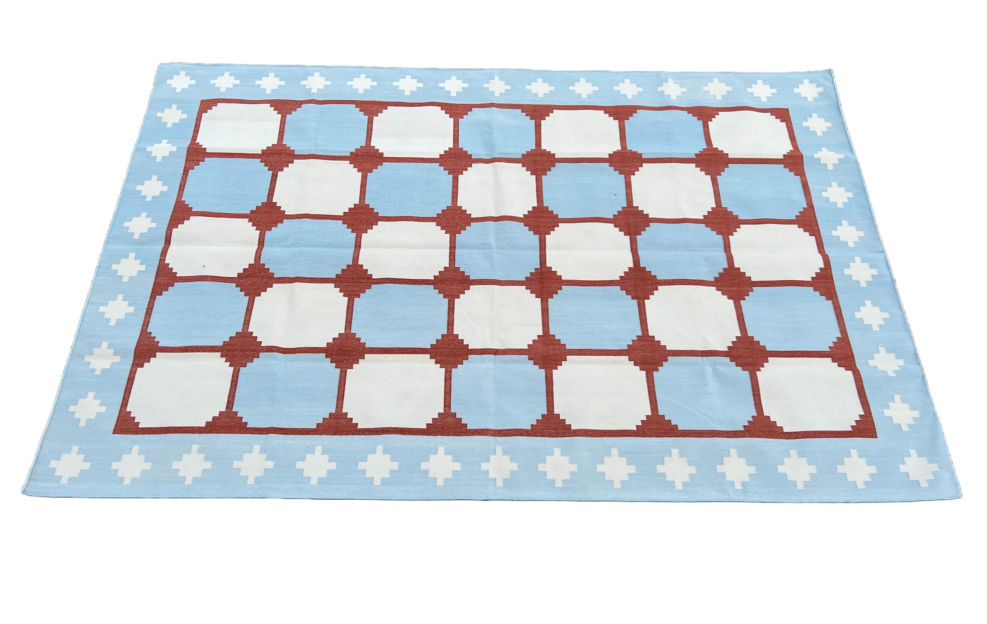 Handmade Cotton Area Flat Weave Rug, Blue & Red Indian Star Geometric Dhurrie For Sale 6