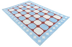 Tappeto a tessitura piatta in cotone fatto a mano, blu e rosso, stella geometrica indiana Dhurrie