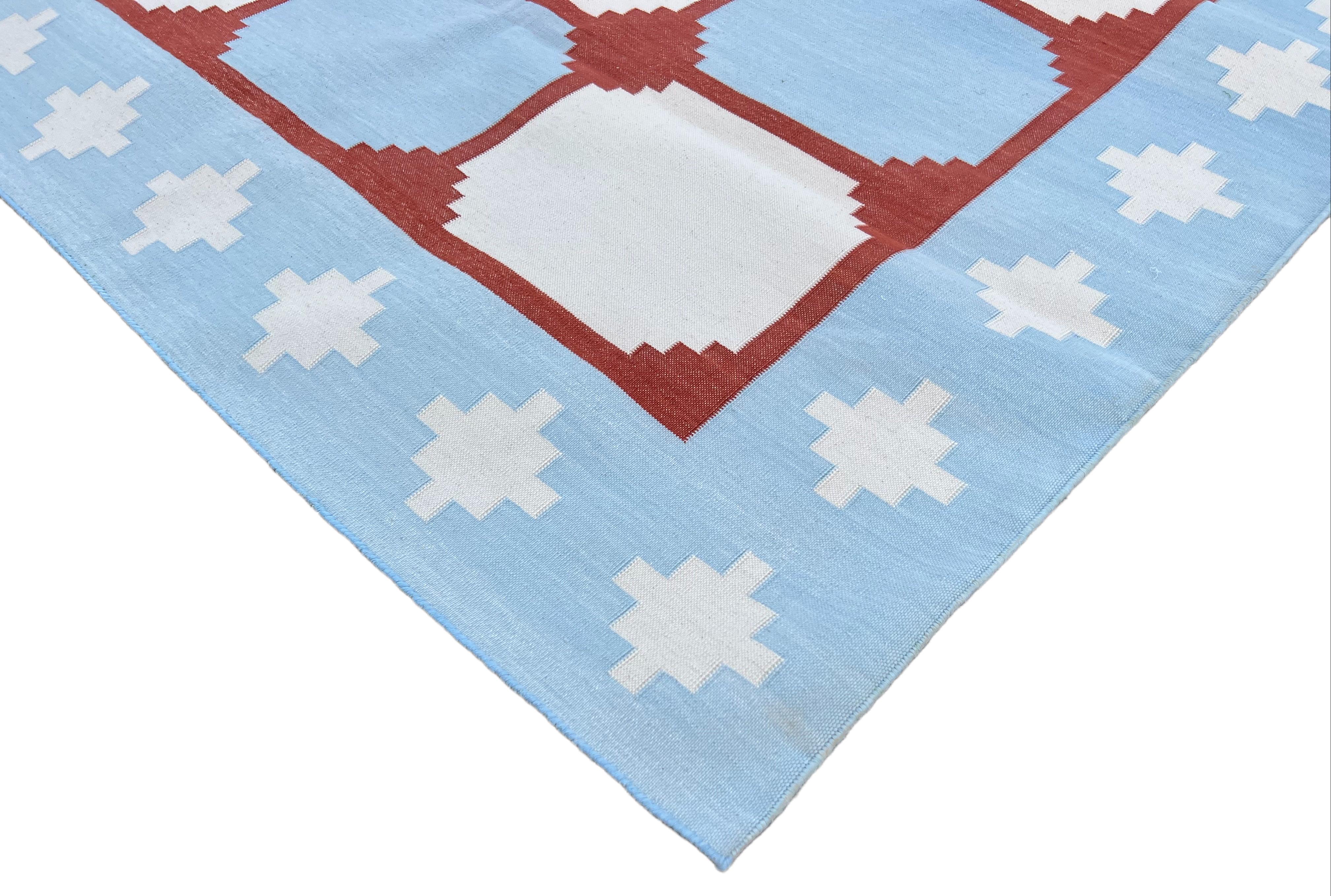 Mid-Century Modern Handmade Cotton Area Flat Weave Rug, Blue & Red Indian Star Geometric Dhurrie For Sale