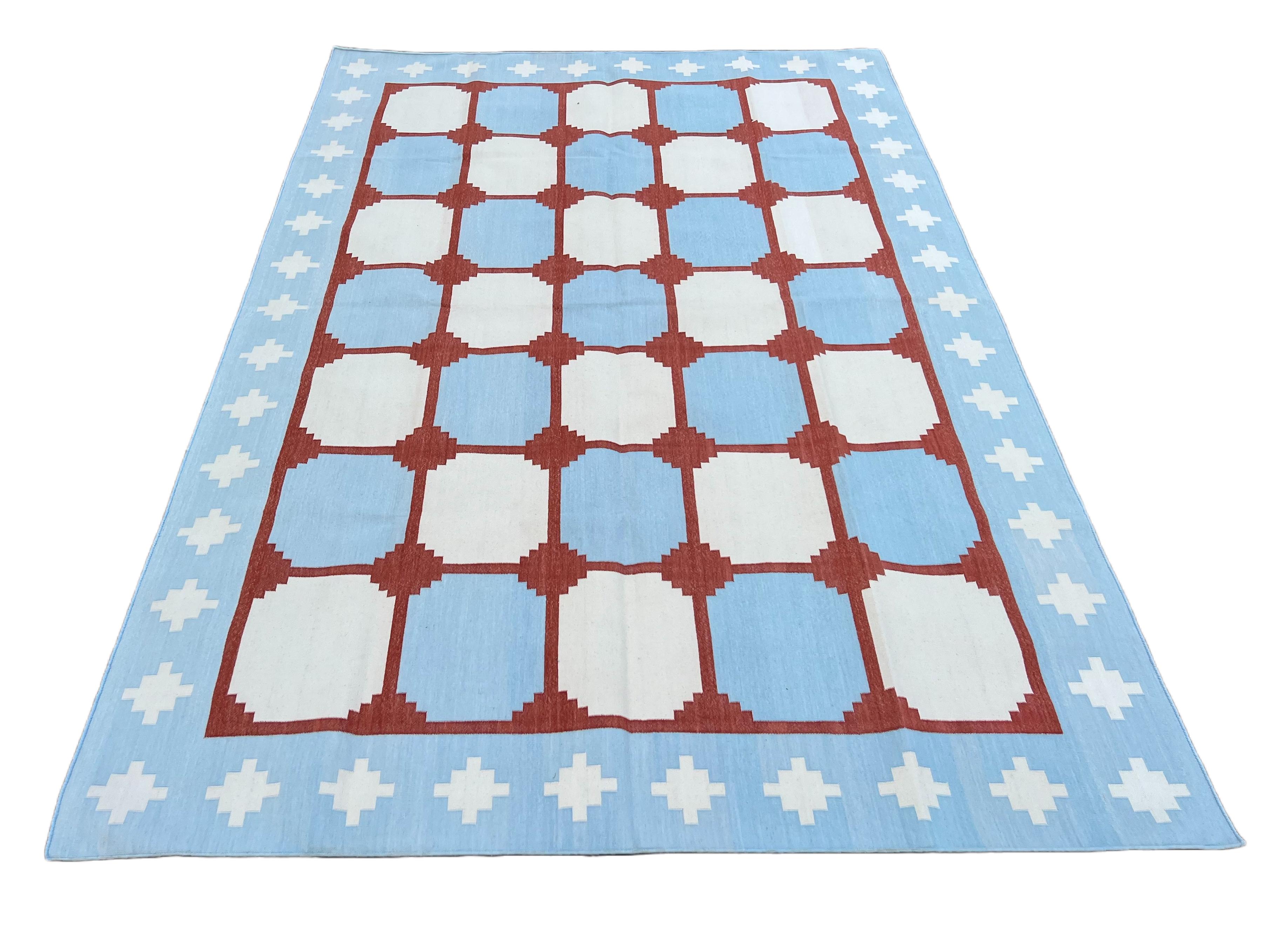 Contemporary Handmade Cotton Area Flat Weave Rug, Blue & Red Indian Star Geometric Dhurrie For Sale