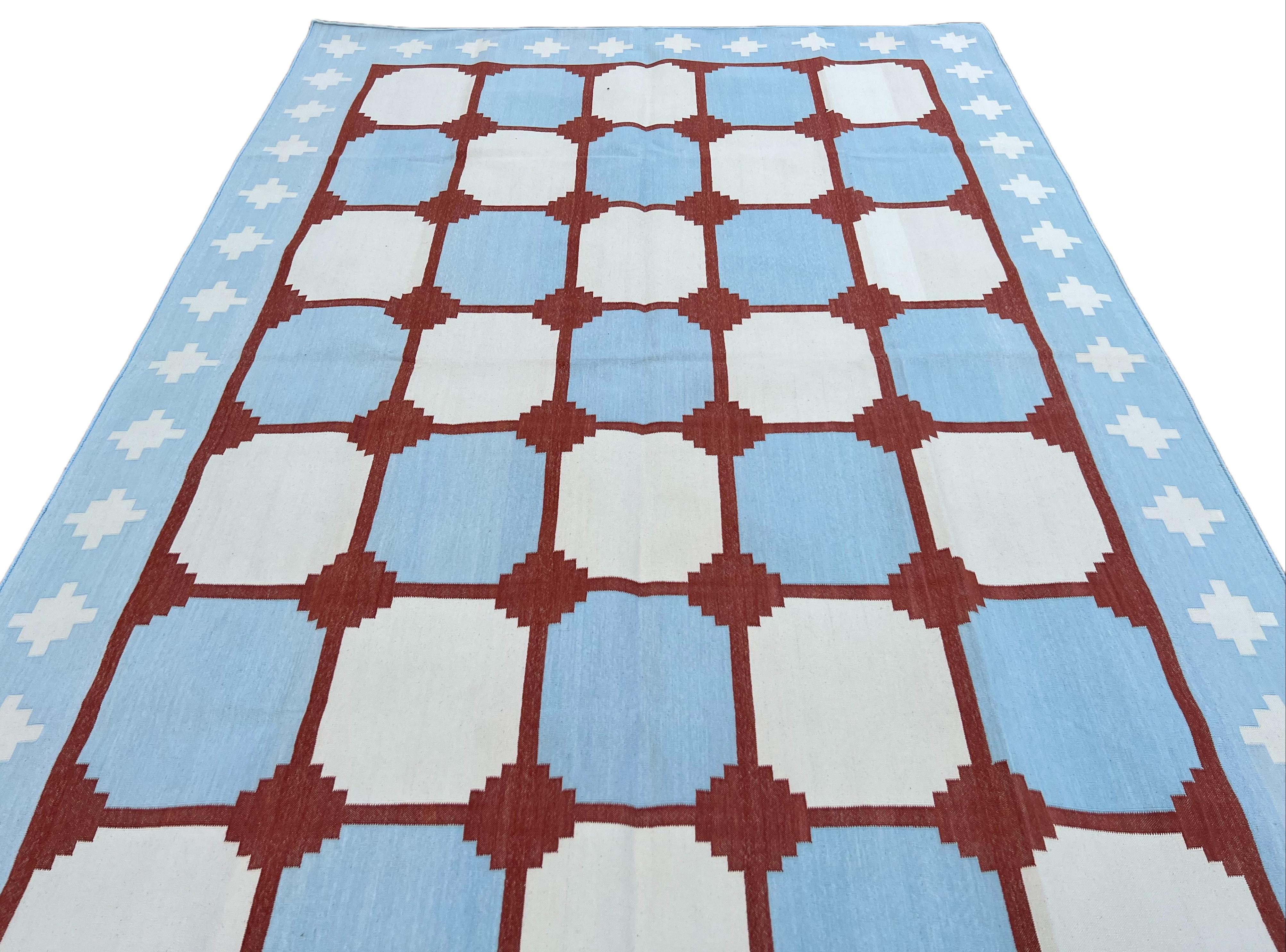 Handmade Cotton Area Flat Weave Rug, Blue & Red Indian Star Geometric Dhurrie For Sale 1