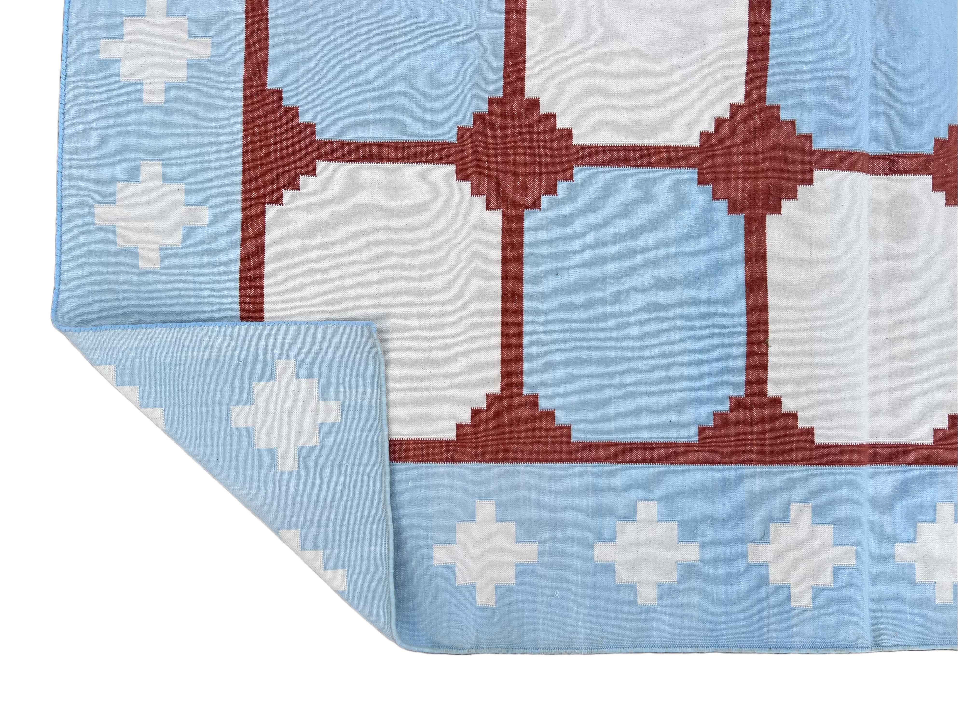 Handmade Cotton Area Flat Weave Rug, Blue & Red Indian Star Geometric Dhurrie For Sale 3