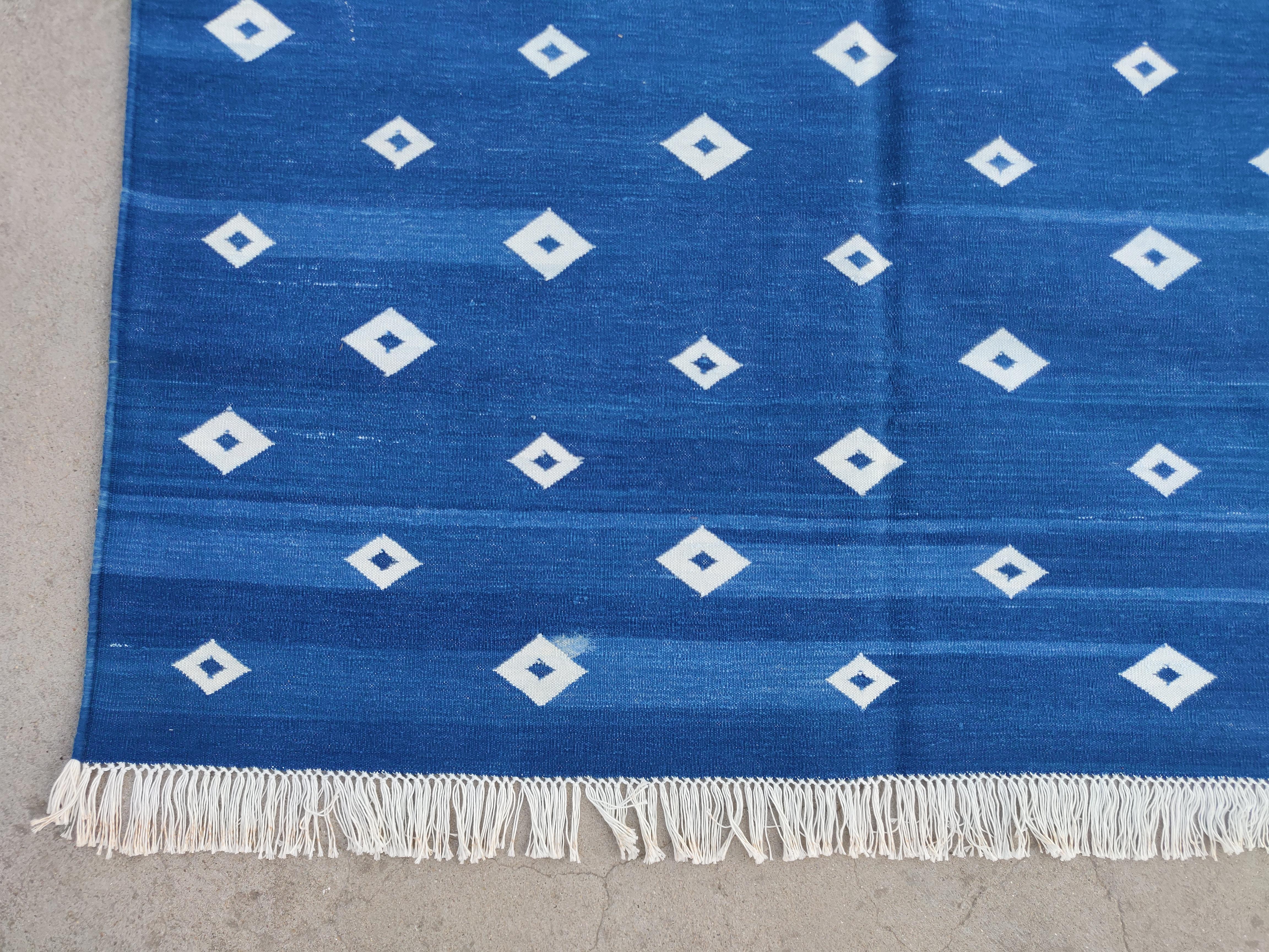 Handmade Cotton Area Flat Weave Rug, Blue & White Diamond Pattern Indian Dhurrie For Sale 4