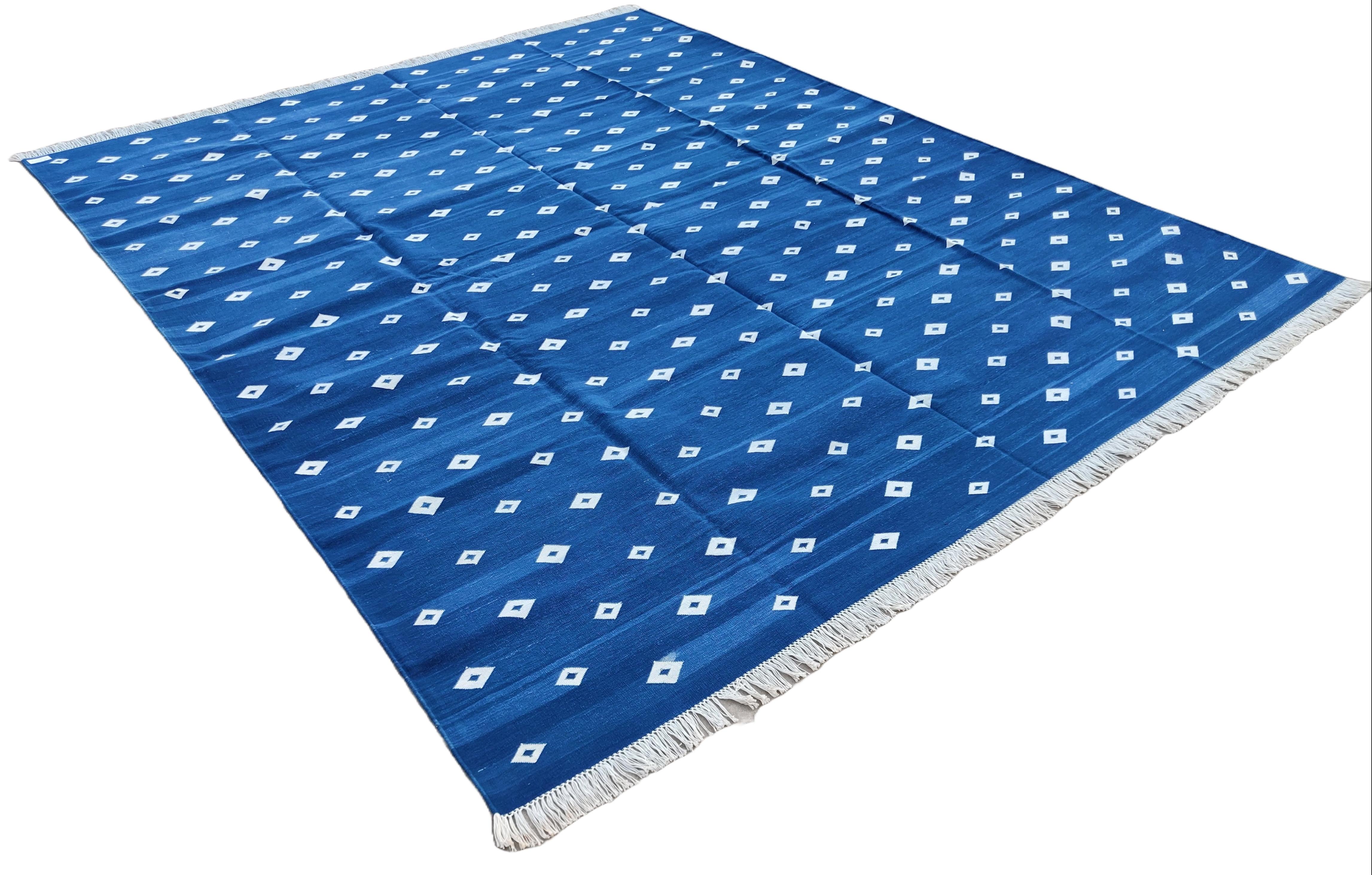 Cotton Natural Vegetable Dyed, Indigo Blue & White Diamond Patterned Rug-8'x10'
These special flat-weave dhurries are hand-woven with 15 ply 100% cotton yarn. Due to the special manufacturing techniques used to create our rugs, the size and color of