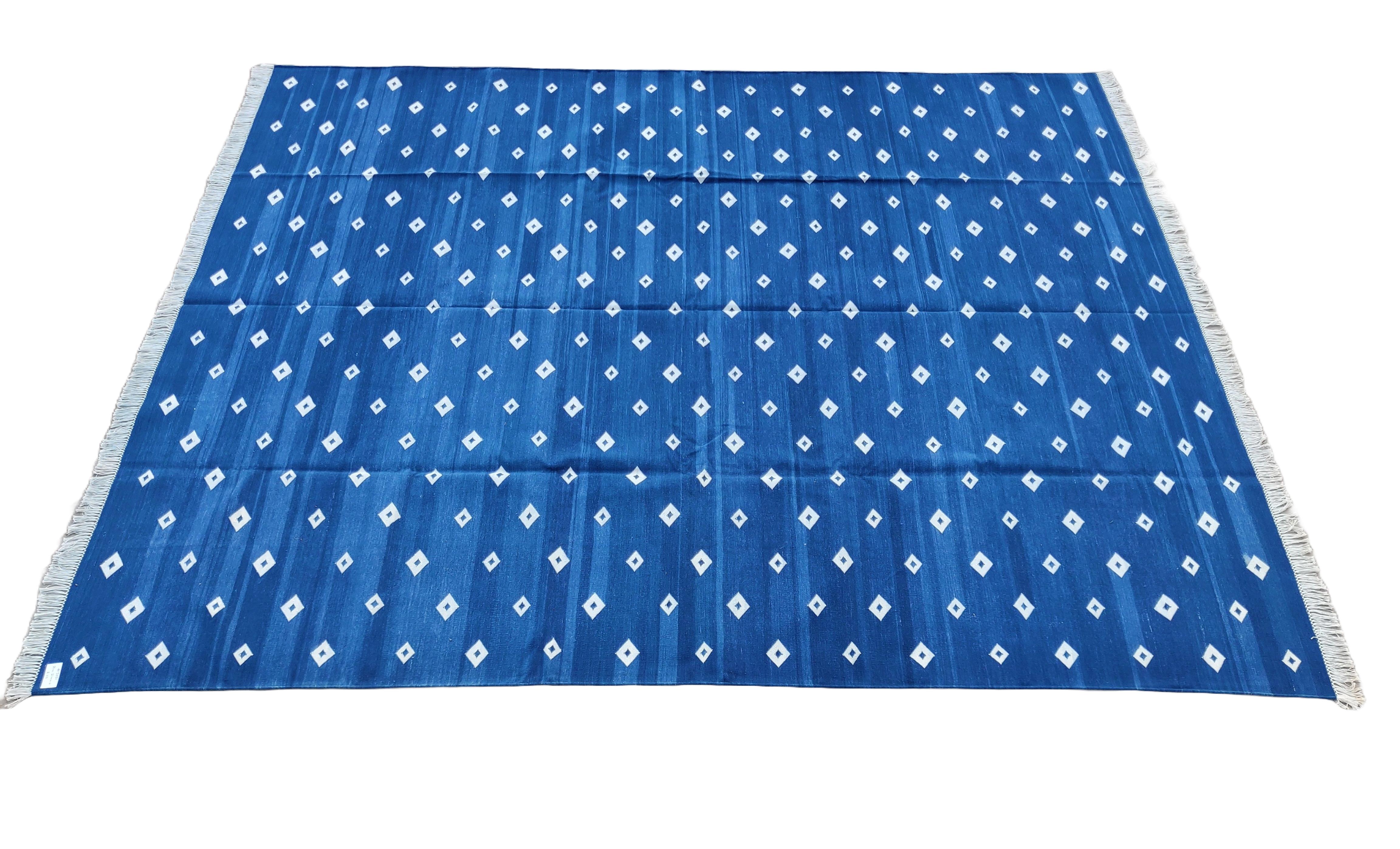 Mid-Century Modern Handmade Cotton Area Flat Weave Rug, Blue & White Diamond Pattern Indian Dhurrie For Sale