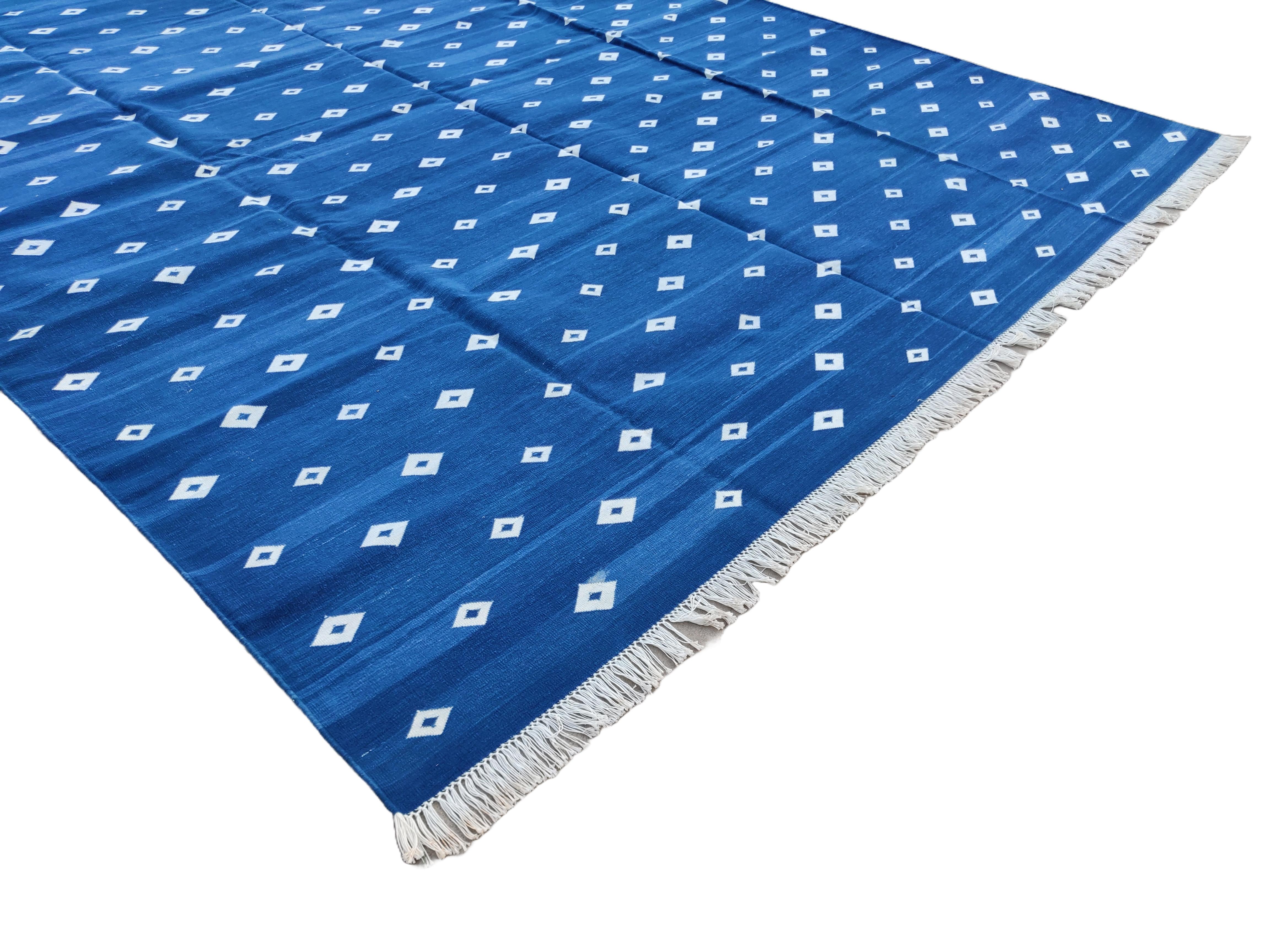 Hand-Woven Handmade Cotton Area Flat Weave Rug, Blue & White Diamond Pattern Indian Dhurrie For Sale