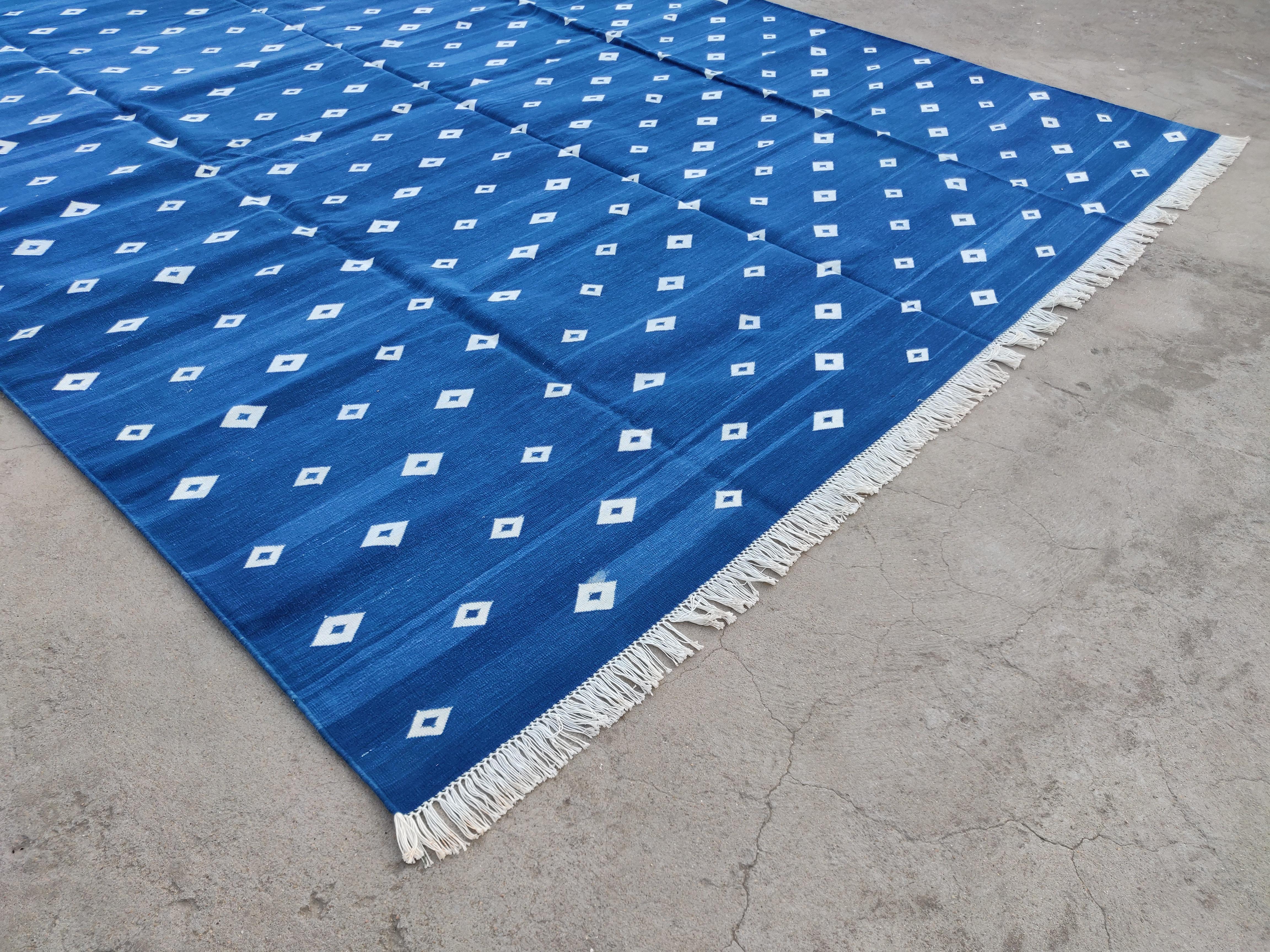 Contemporary Handmade Cotton Area Flat Weave Rug, Blue & White Diamond Pattern Indian Dhurrie For Sale