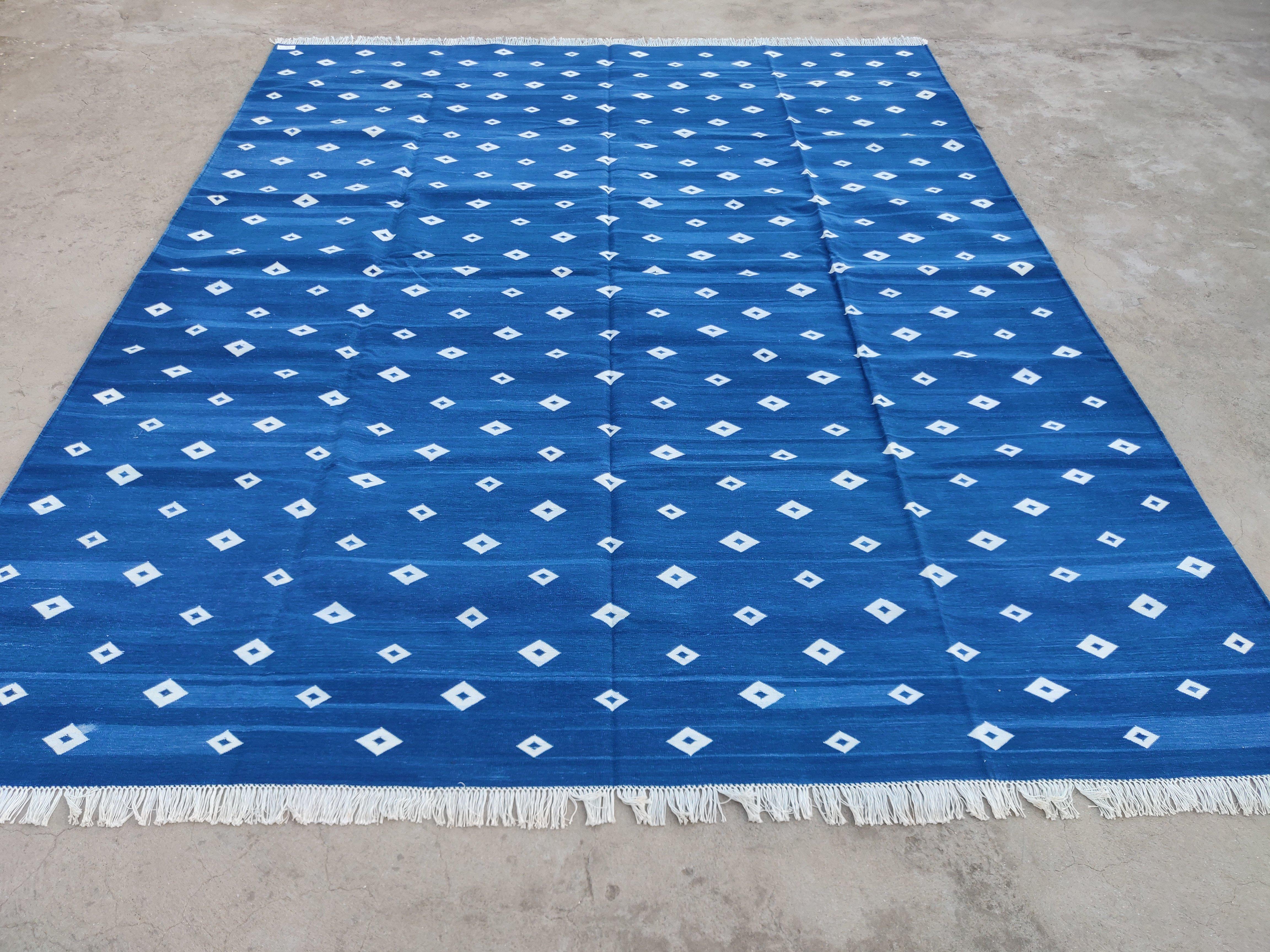 Handmade Cotton Area Flat Weave Rug, Blue & White Diamond Pattern Indian Dhurrie For Sale 1