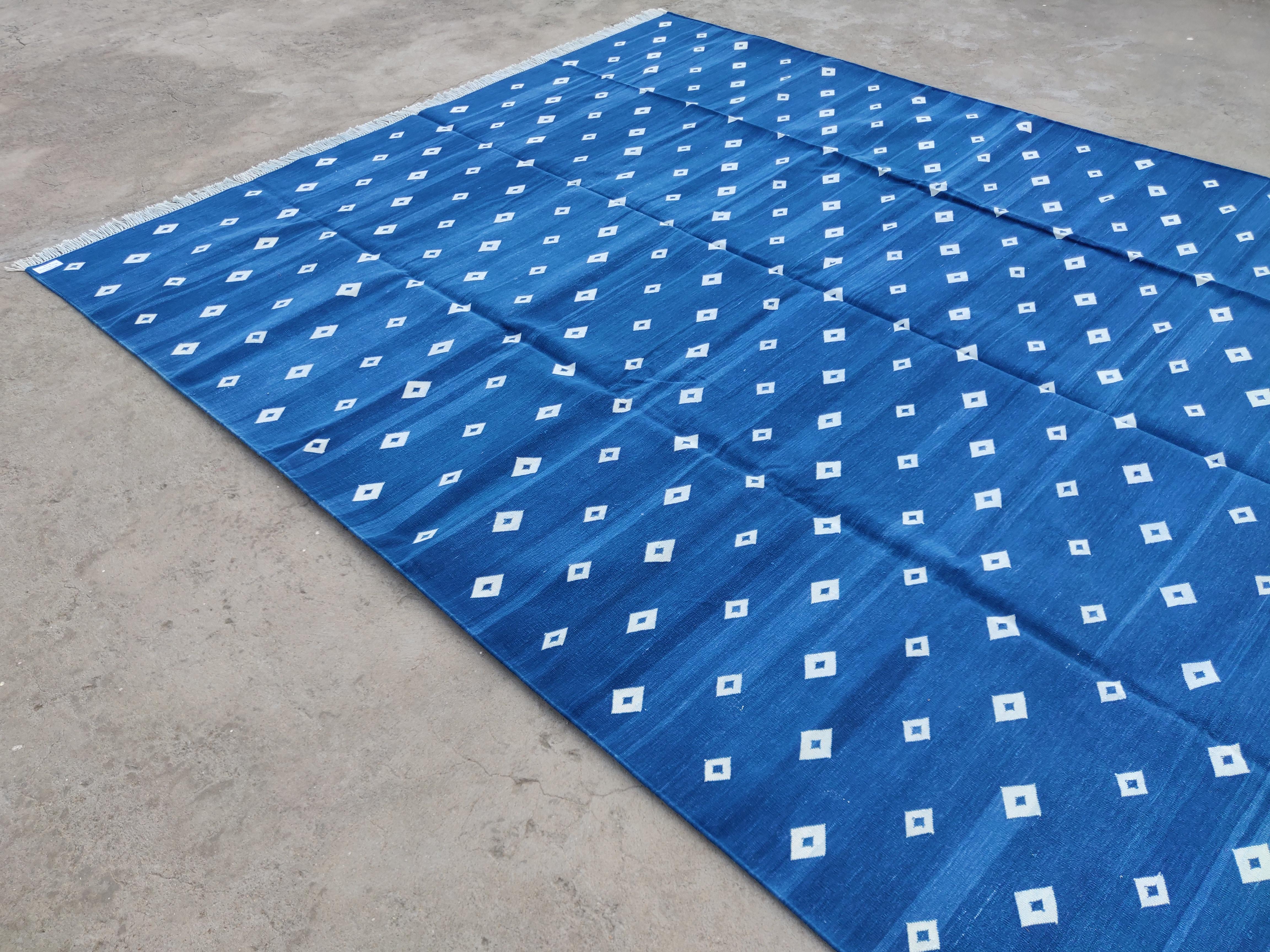 Handmade Cotton Area Flat Weave Rug, Blue & White Diamond Pattern Indian Dhurrie For Sale 3