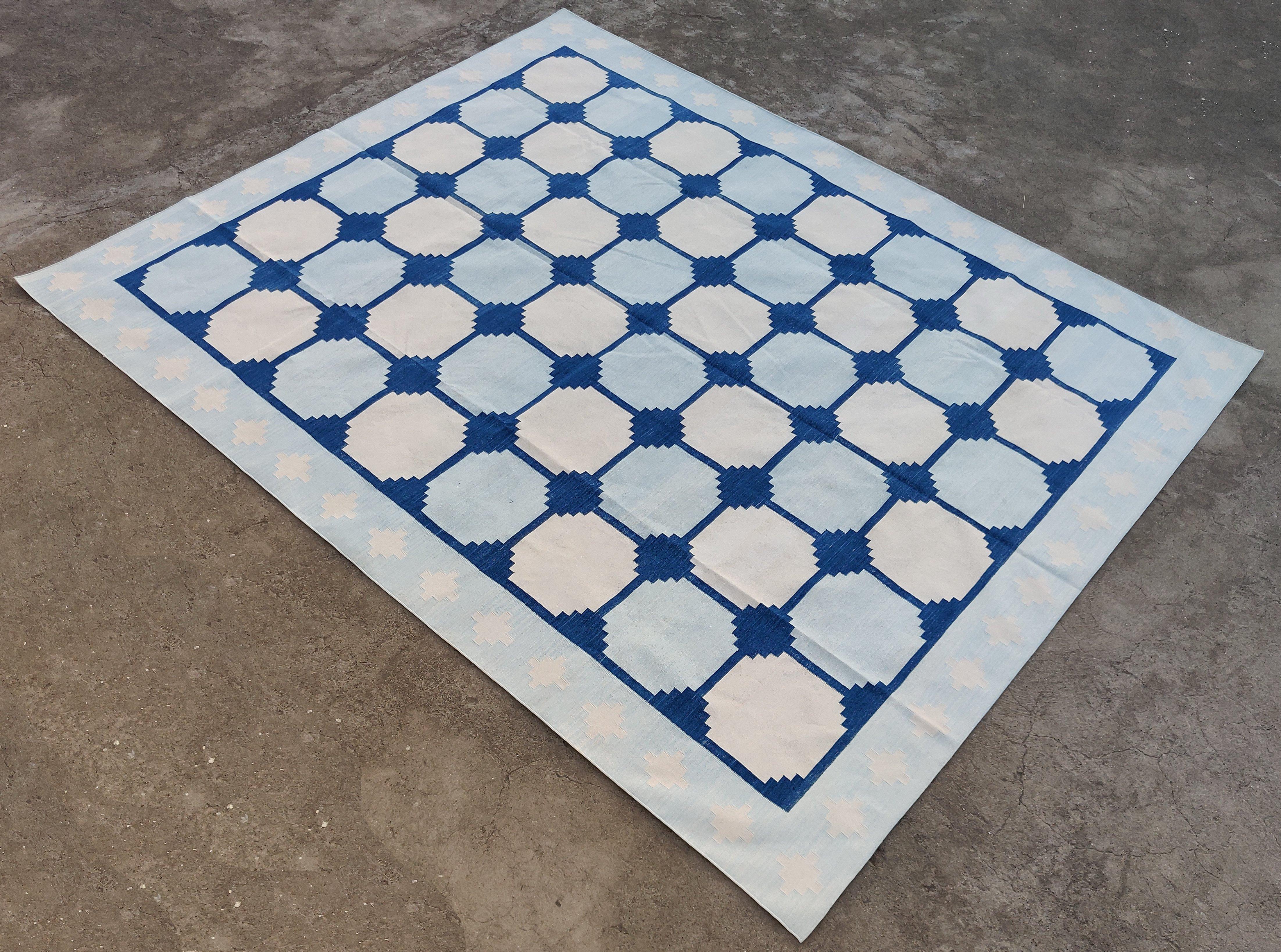 Handmade Cotton Area Flat Weave Rug, Blue & White Geometric Tile Indian Dhurrie For Sale 4