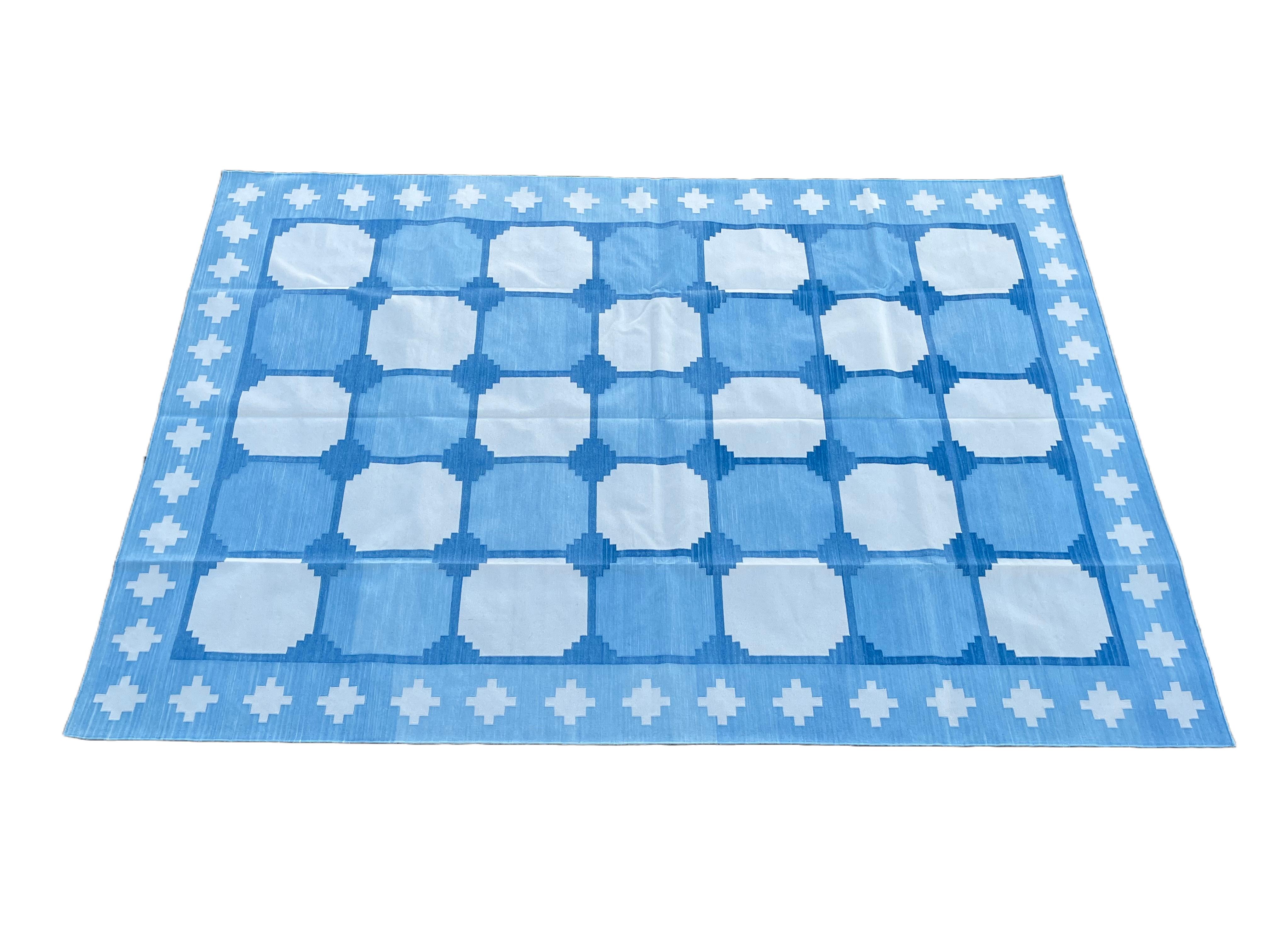 Handmade Cotton Area Flat Weave Rug, Blue & White Geometric Tile Indian Dhurrie For Sale 4