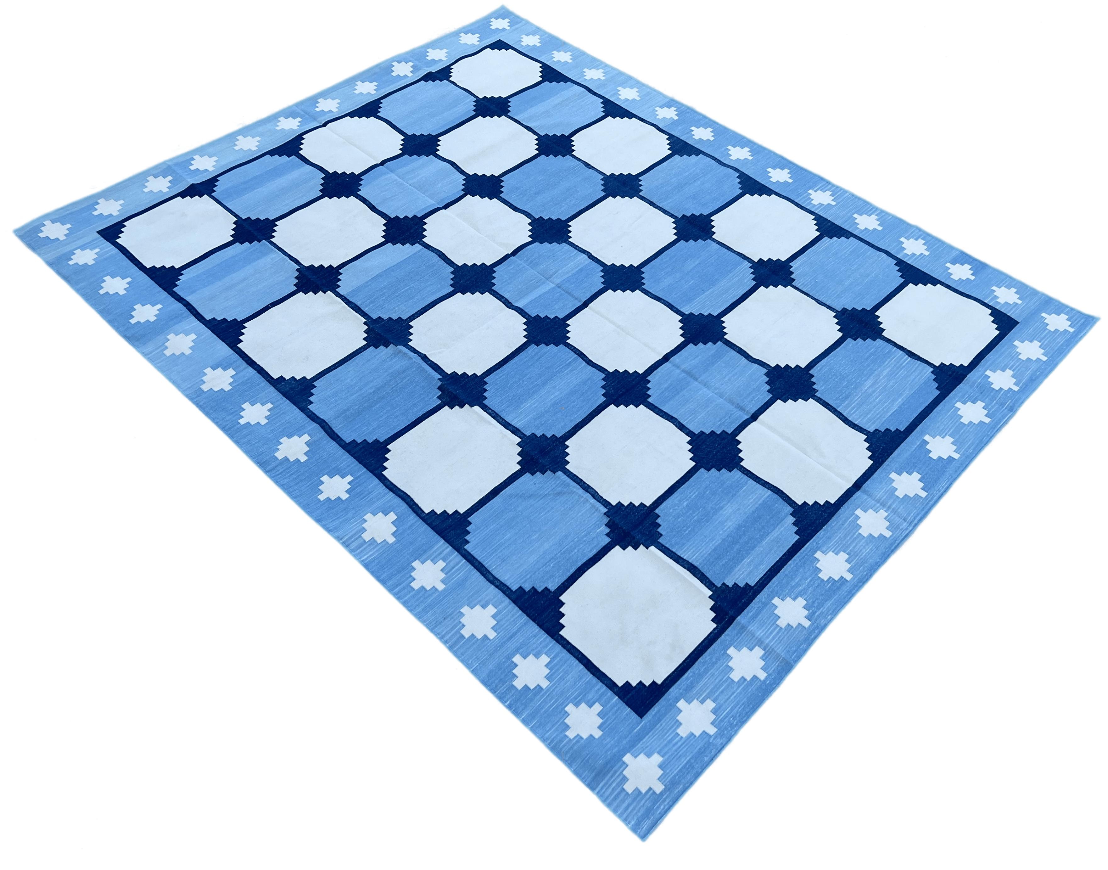 Handmade Cotton Area Flat Weave Rug, Blue & White Geometric Tile Indian Dhurrie For Sale 5