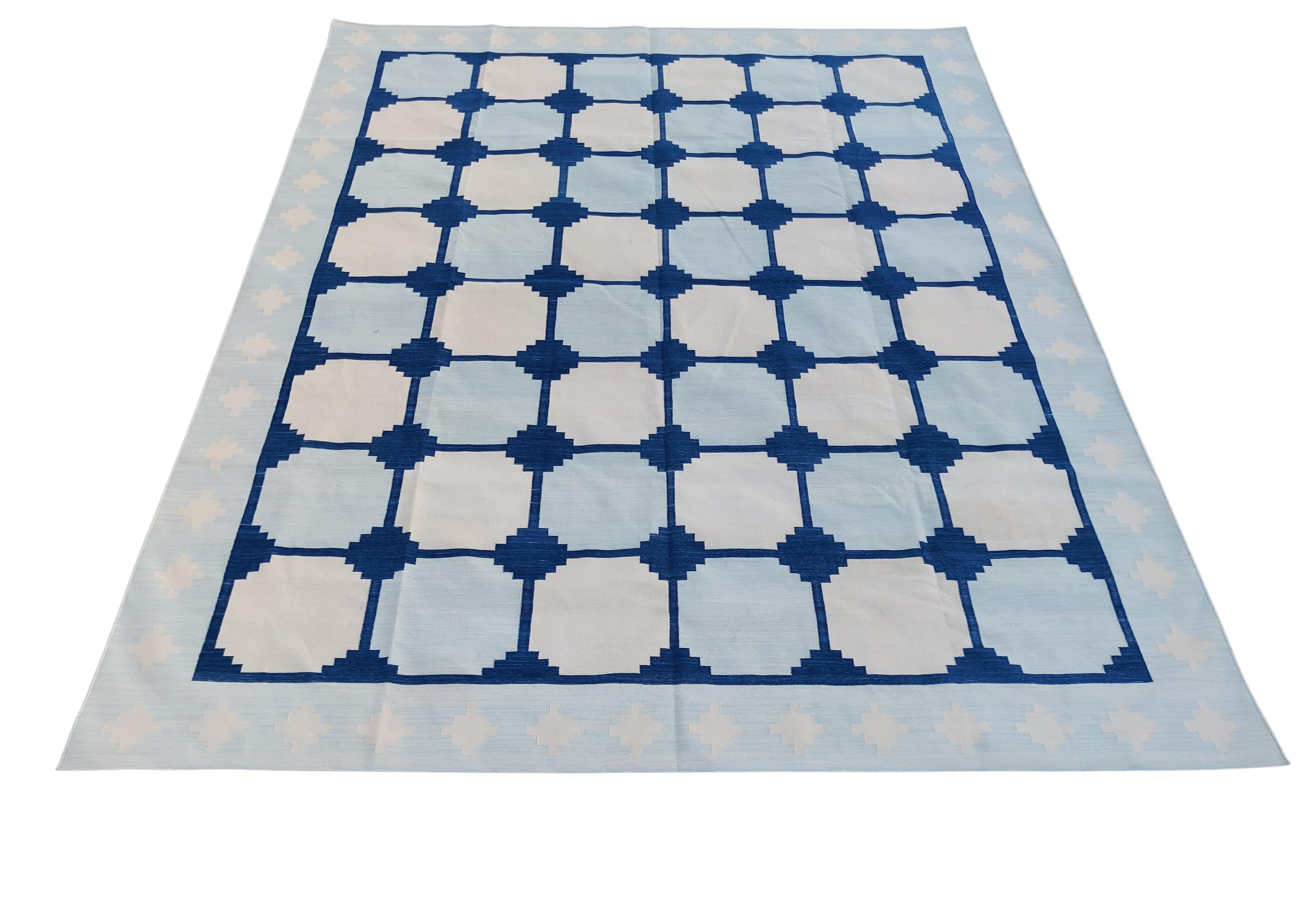 Handmade Cotton Area Flat Weave Rug, Blue & White Geometric Tile Indian Dhurrie For Sale 6