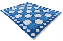 Handmade Cotton Area Flat Weave Rug, Blue, White Geometric Indian Dhurrie-8x10