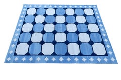 Handmade Cotton Area Flat Weave Rug, Blue & White Geometric Tile Indian Dhurrie