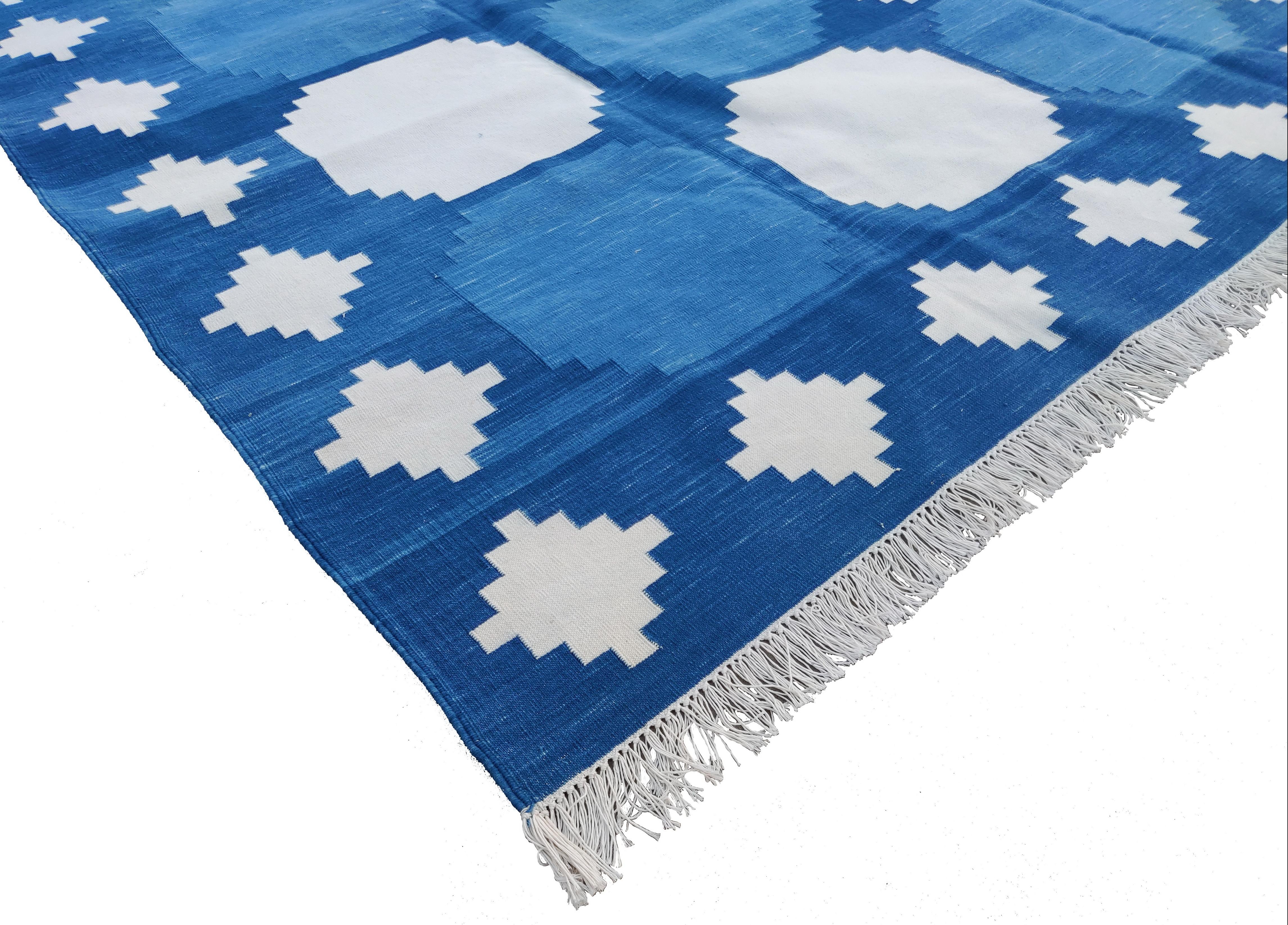 Mid-Century Modern Handmade Cotton Area Flat Weave Rug, Blue, White Geometric Indian Dhurrie-8x10 For Sale