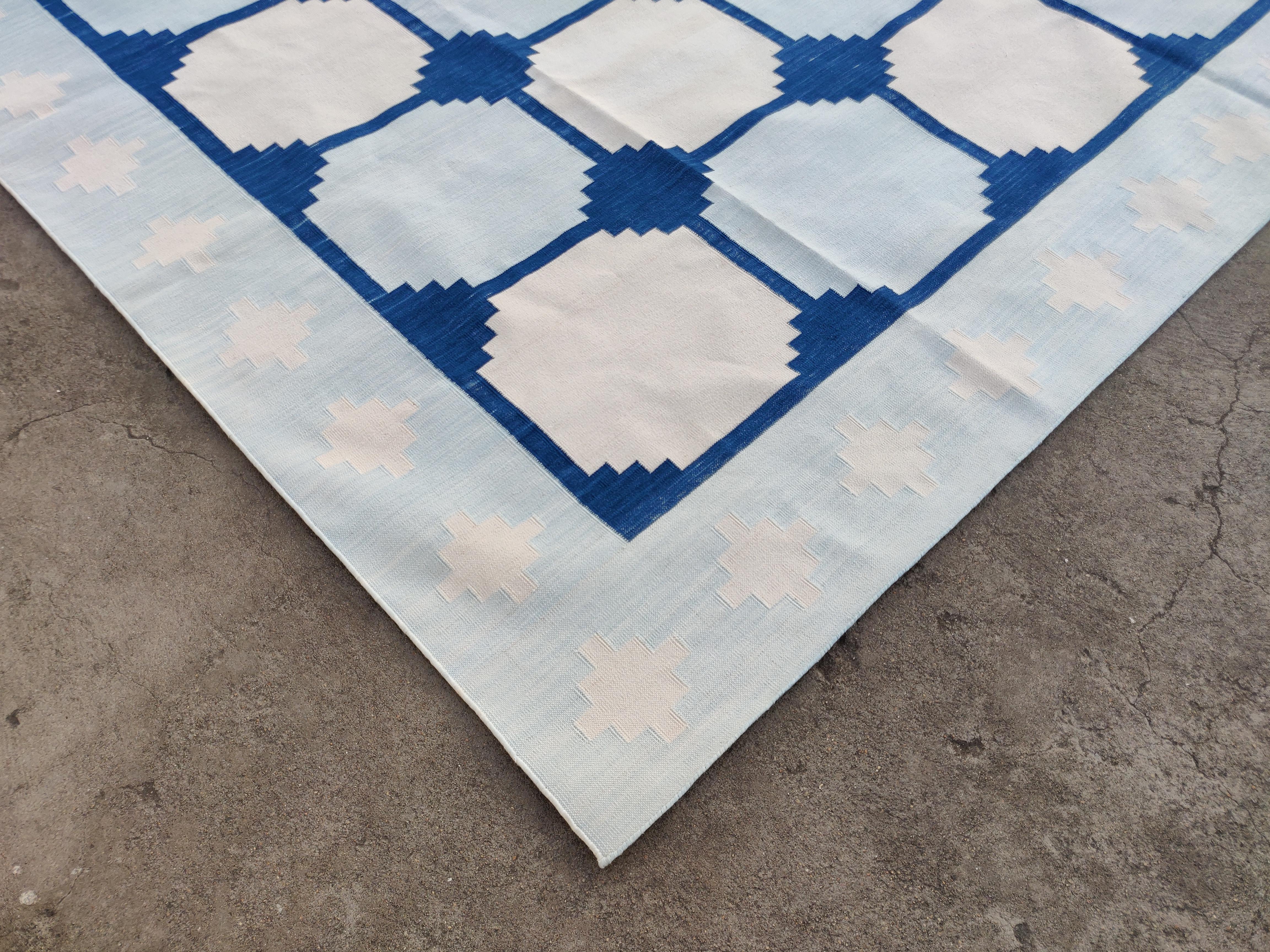 Mid-Century Modern Handmade Cotton Area Flat Weave Rug, Blue & White Geometric Tile Indian Dhurrie For Sale