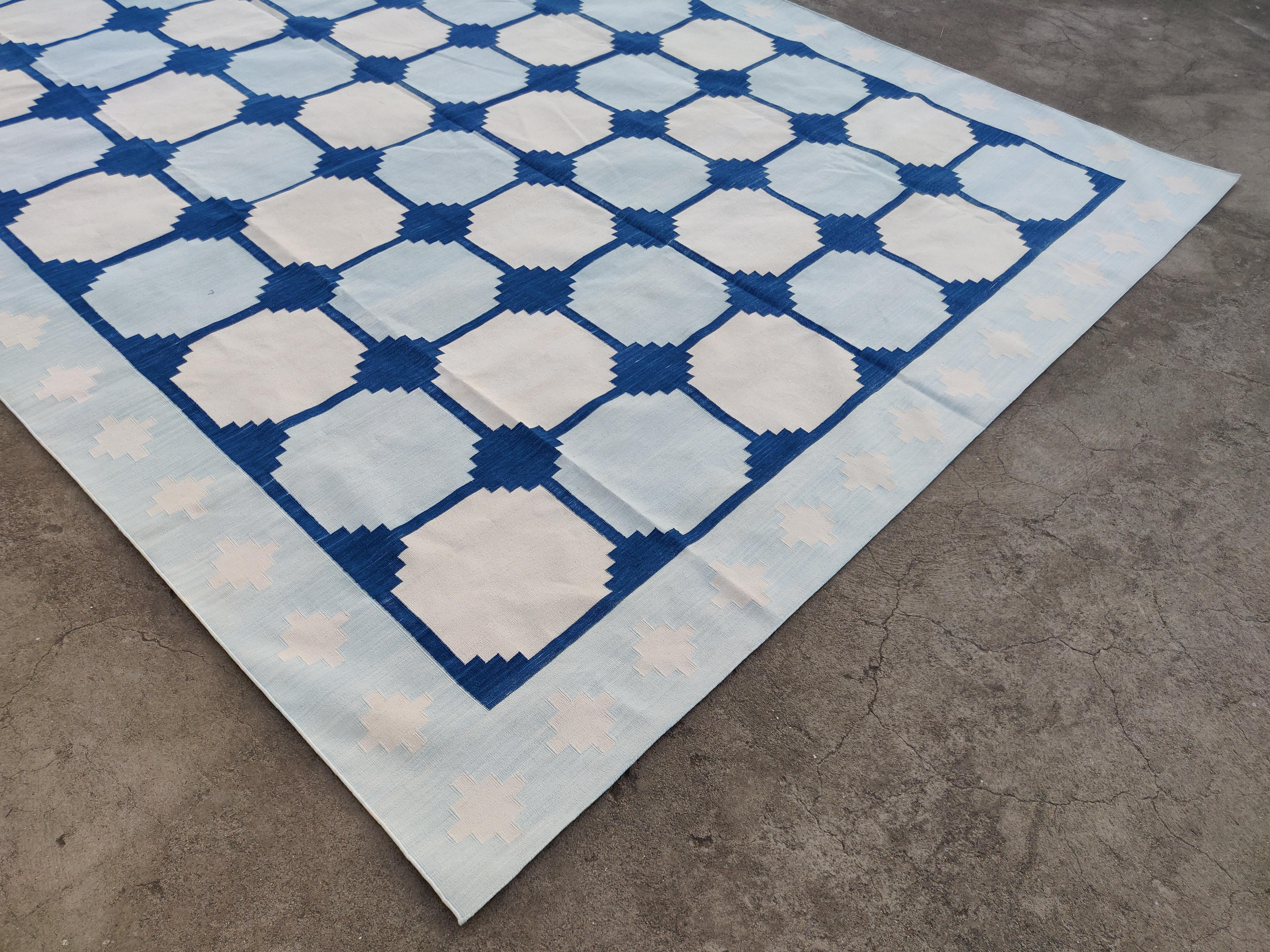 Hand-Woven Handmade Cotton Area Flat Weave Rug, Blue & White Geometric Tile Indian Dhurrie For Sale