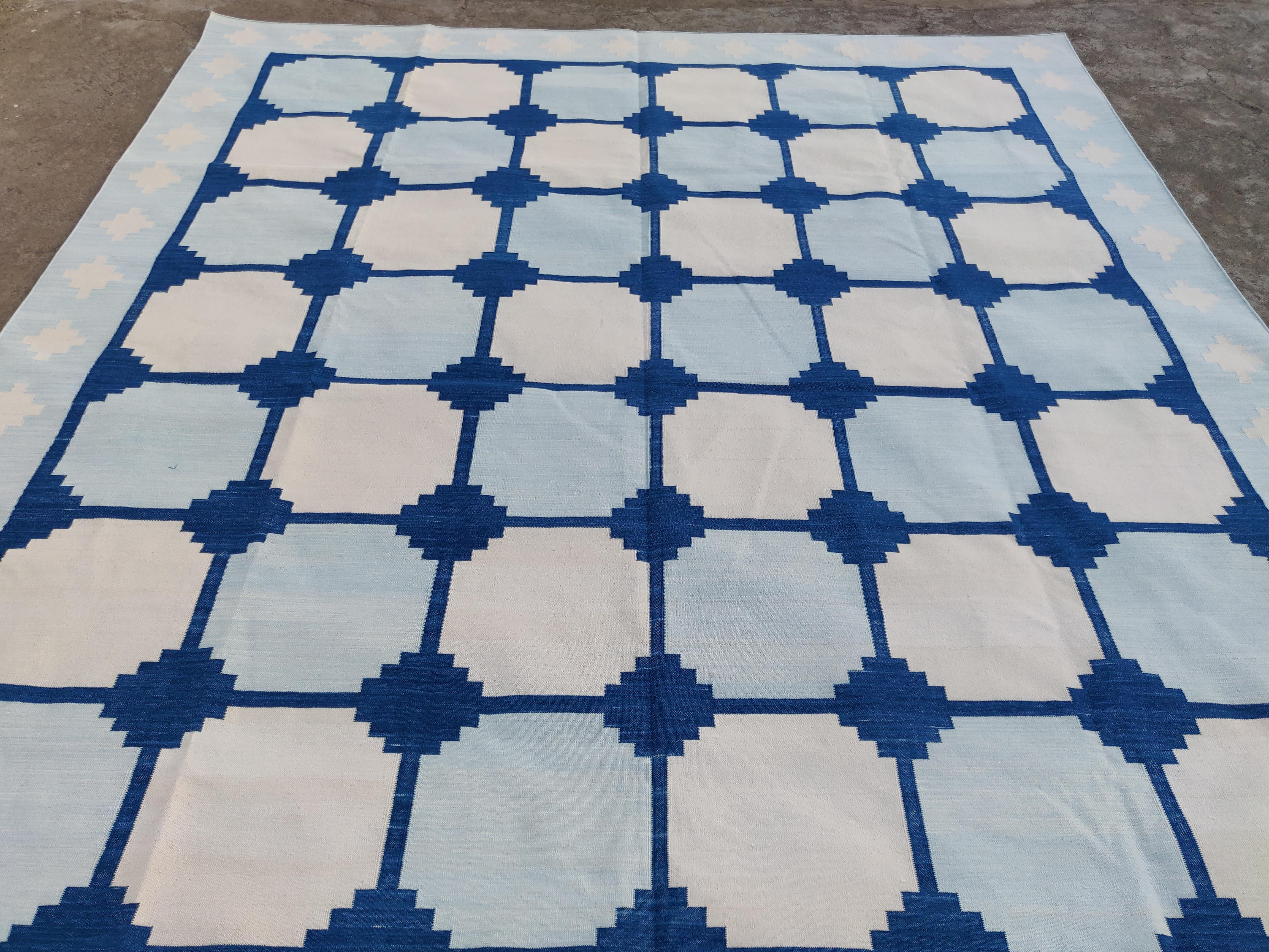 Contemporary Handmade Cotton Area Flat Weave Rug, Blue & White Geometric Tile Indian Dhurrie For Sale