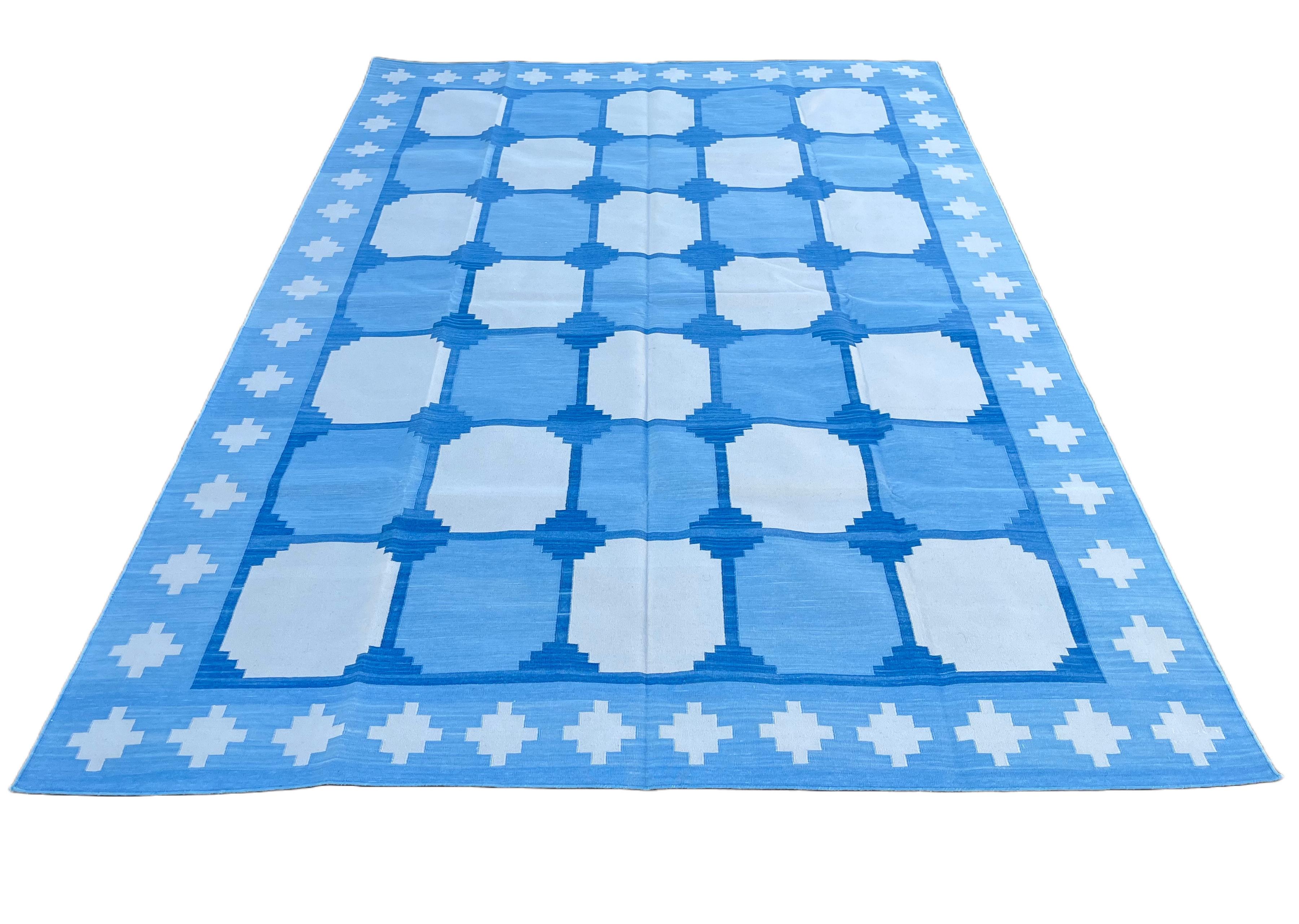 Contemporary Handmade Cotton Area Flat Weave Rug, Blue & White Geometric Tile Indian Dhurrie For Sale