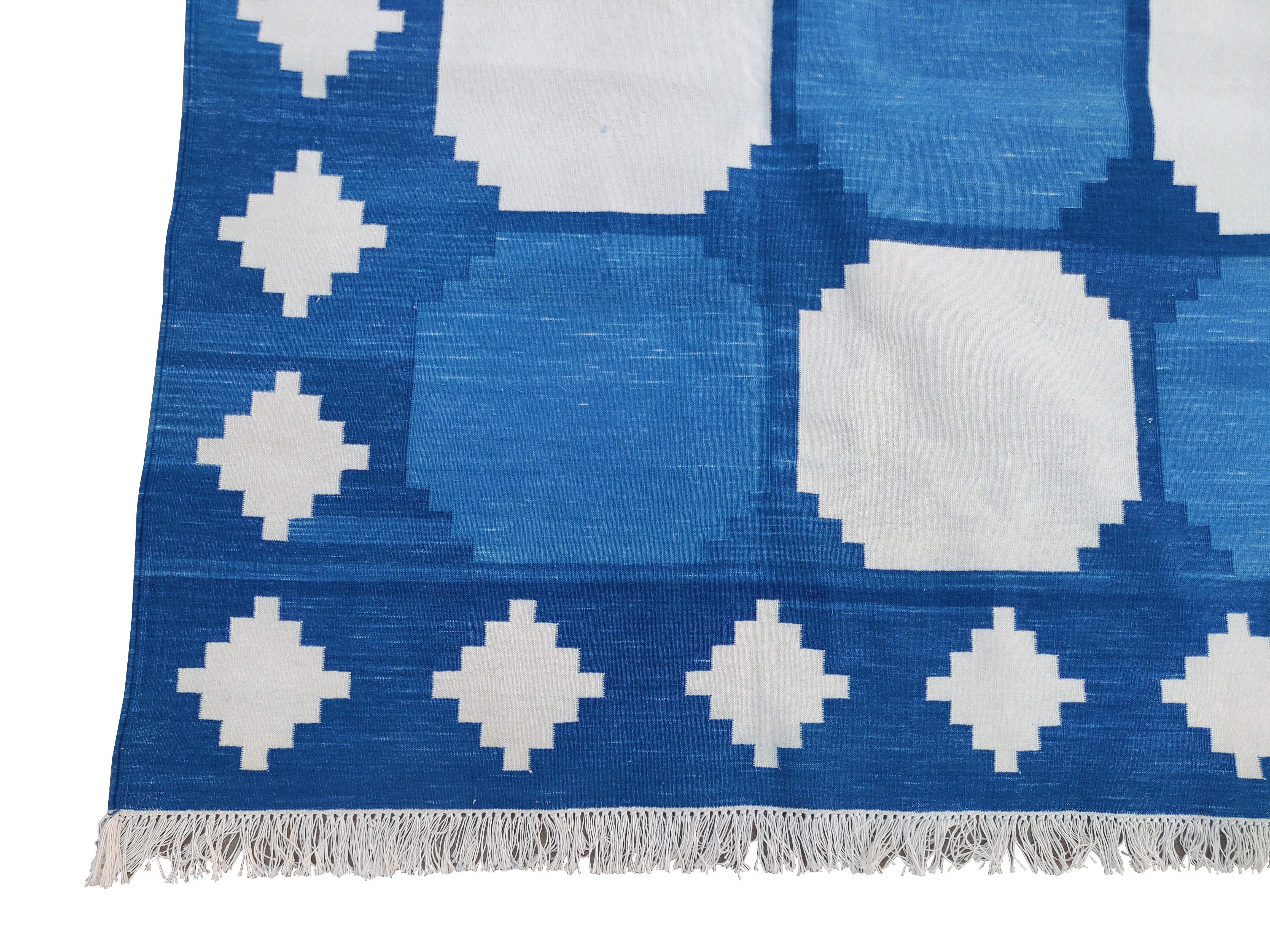 Handmade Cotton Area Flat Weave Rug, Blue, White Geometric Indian Dhurrie-8x10 For Sale 1