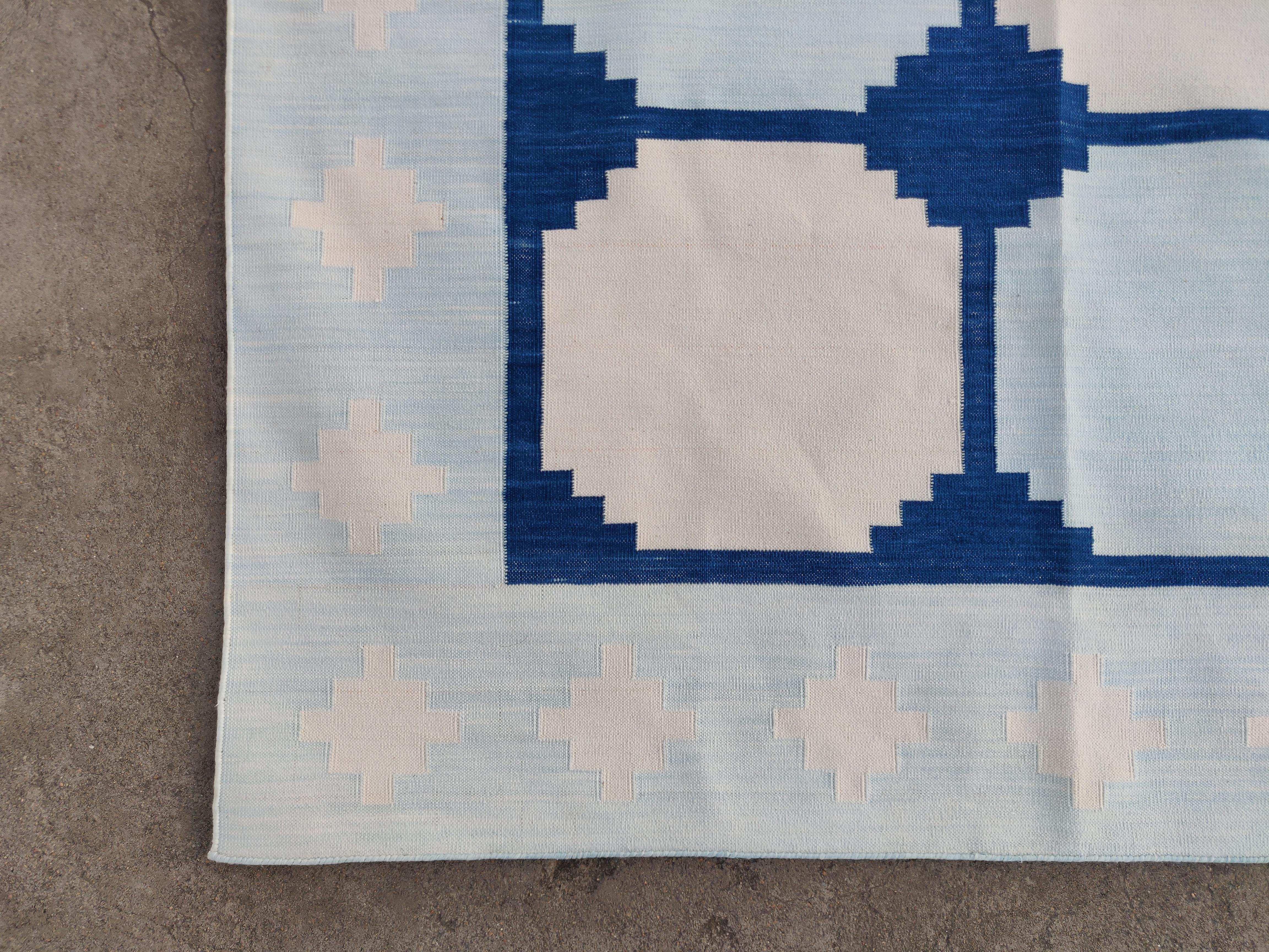 Handmade Cotton Area Flat Weave Rug, Blue & White Geometric Tile Indian Dhurrie For Sale 1