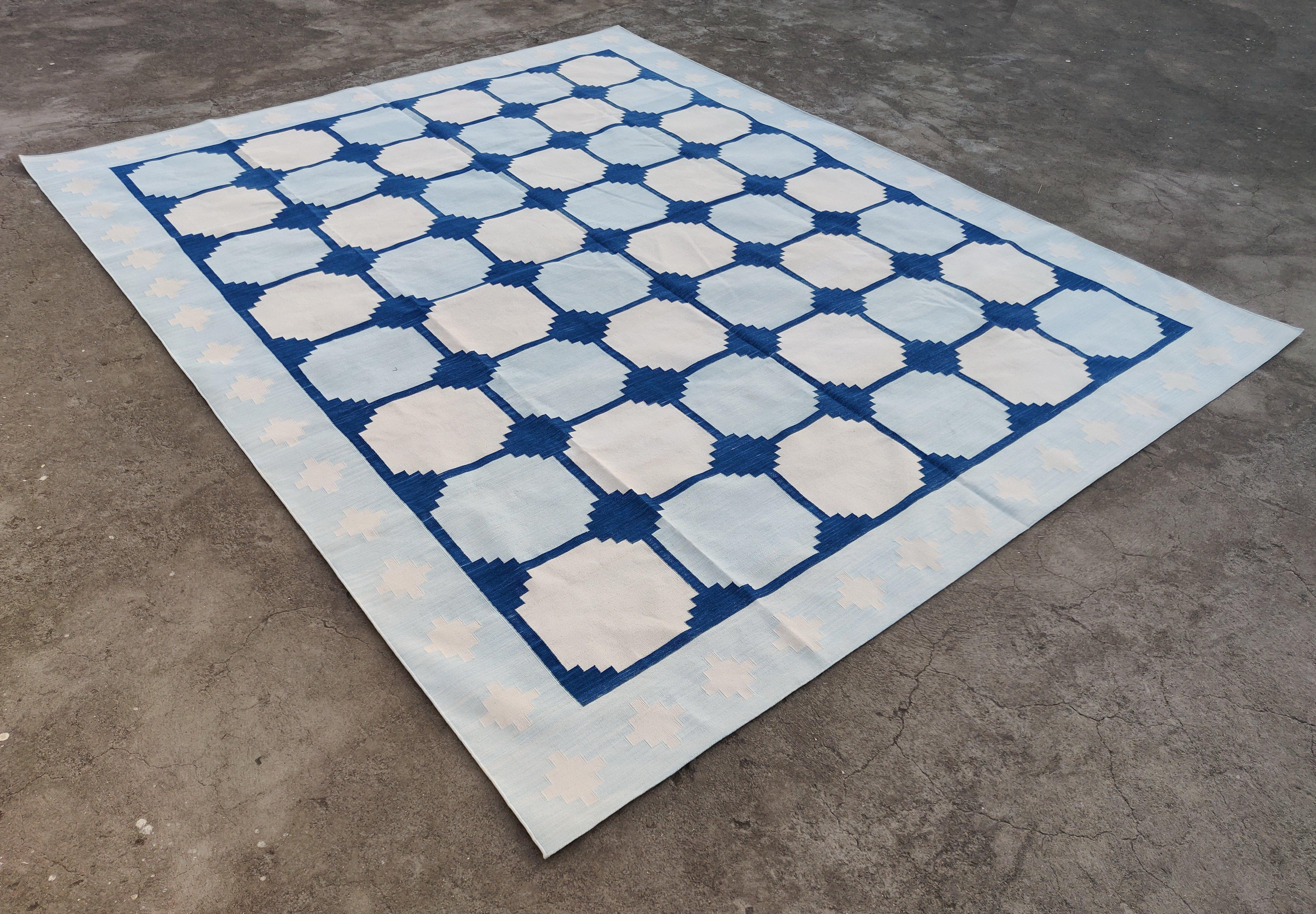 Handmade Cotton Area Flat Weave Rug, Blue & White Geometric Tile Indian Dhurrie For Sale 2