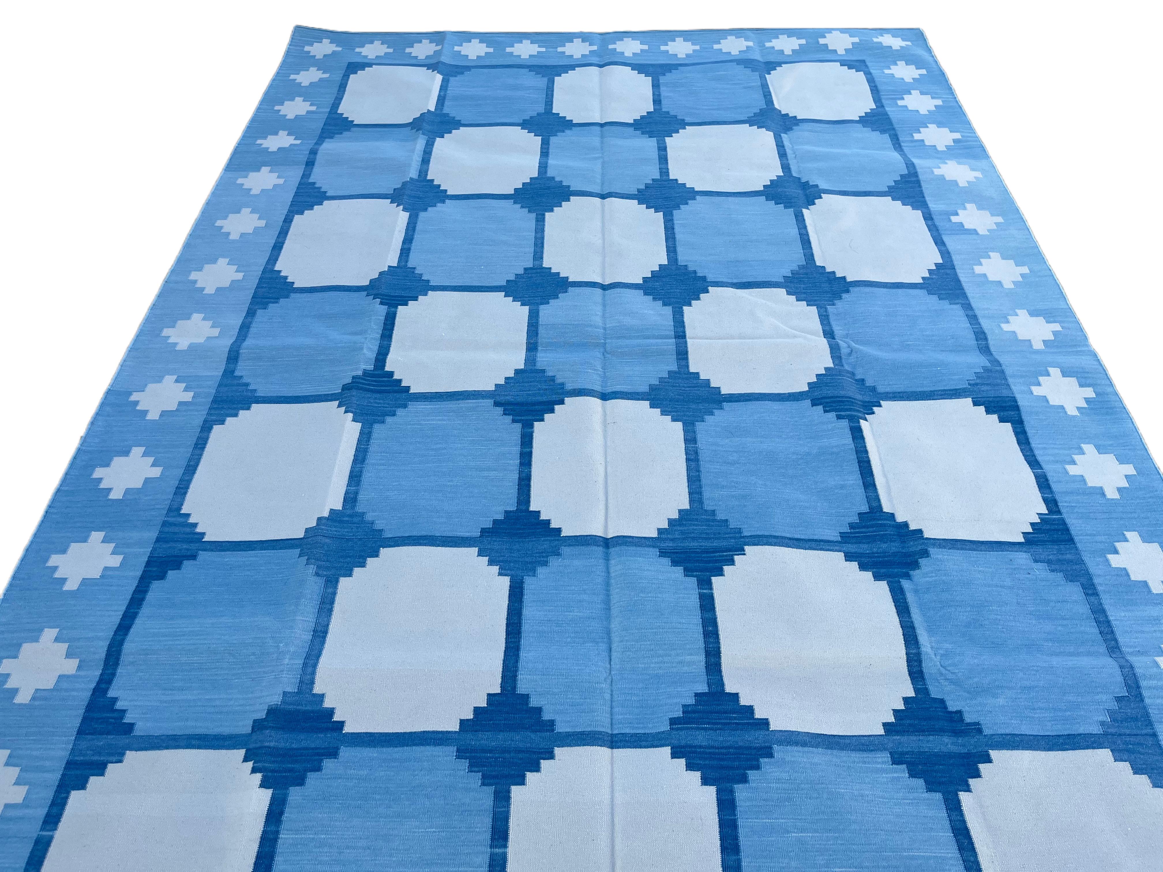 Handmade Cotton Area Flat Weave Rug, Blue & White Geometric Tile Indian Dhurrie For Sale 2
