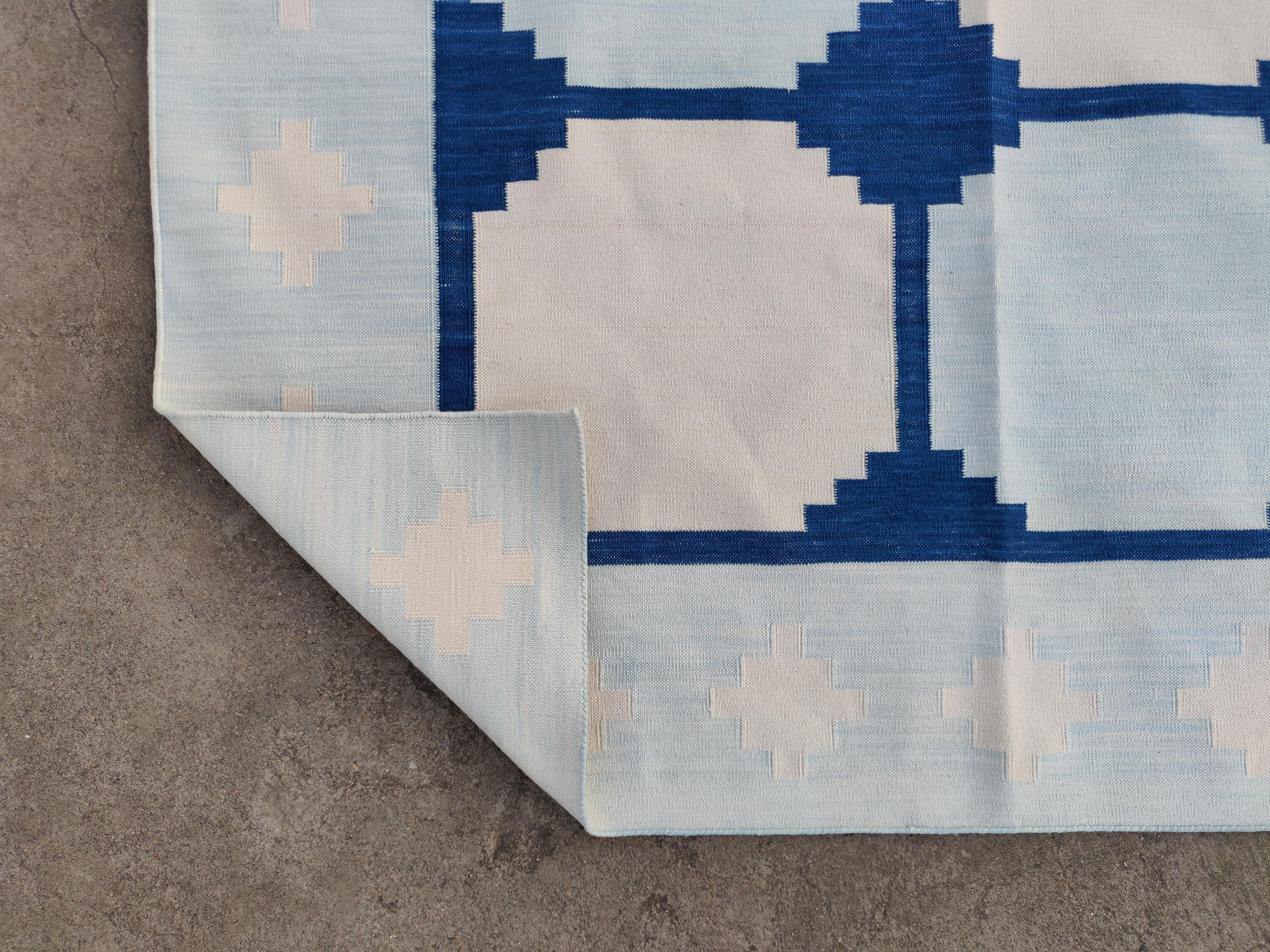 Handmade Cotton Area Flat Weave Rug, Blue & White Geometric Tile Indian Dhurrie For Sale 3