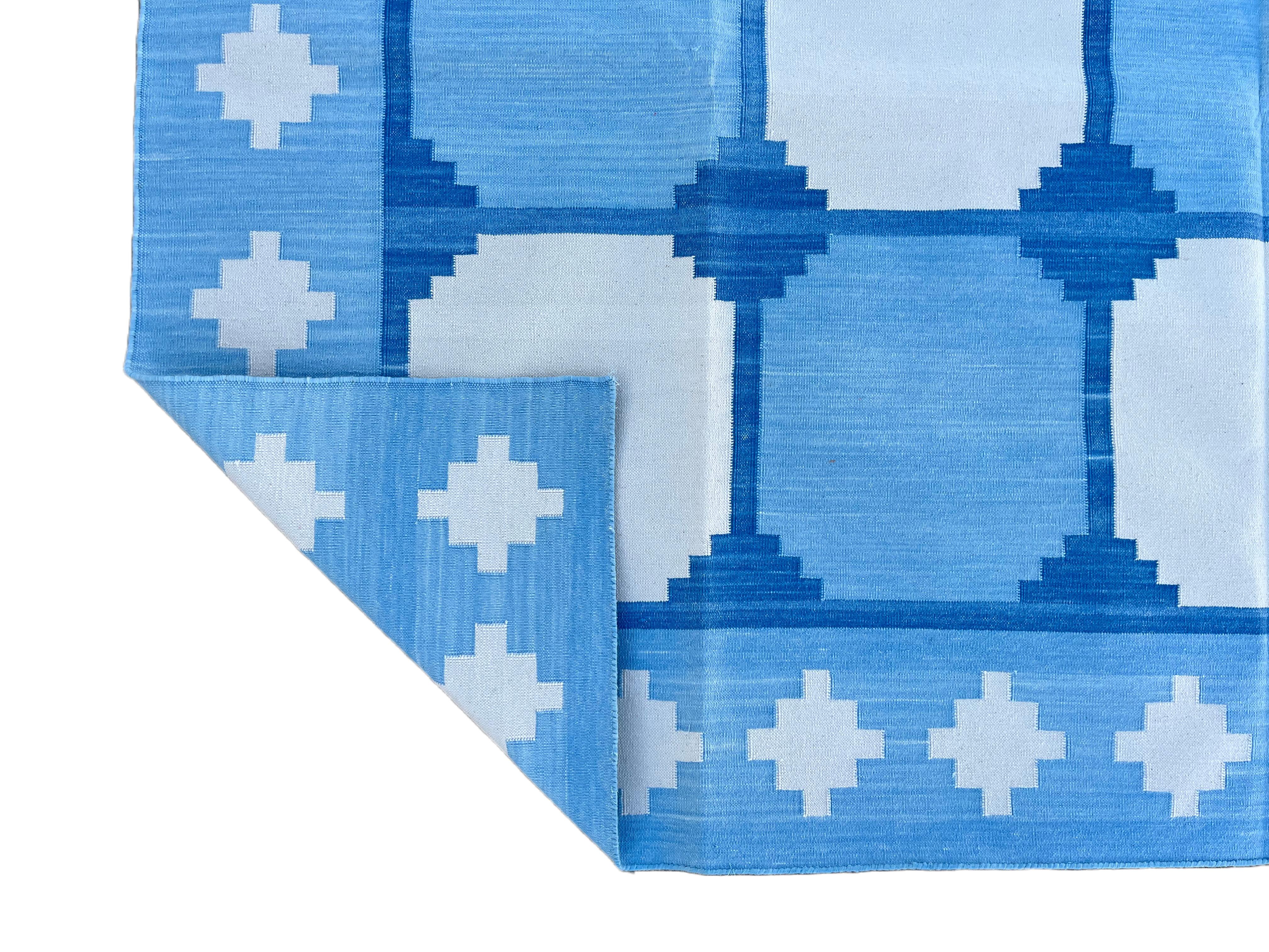 Handmade Cotton Area Flat Weave Rug, Blue & White Geometric Tile Indian Dhurrie For Sale 3