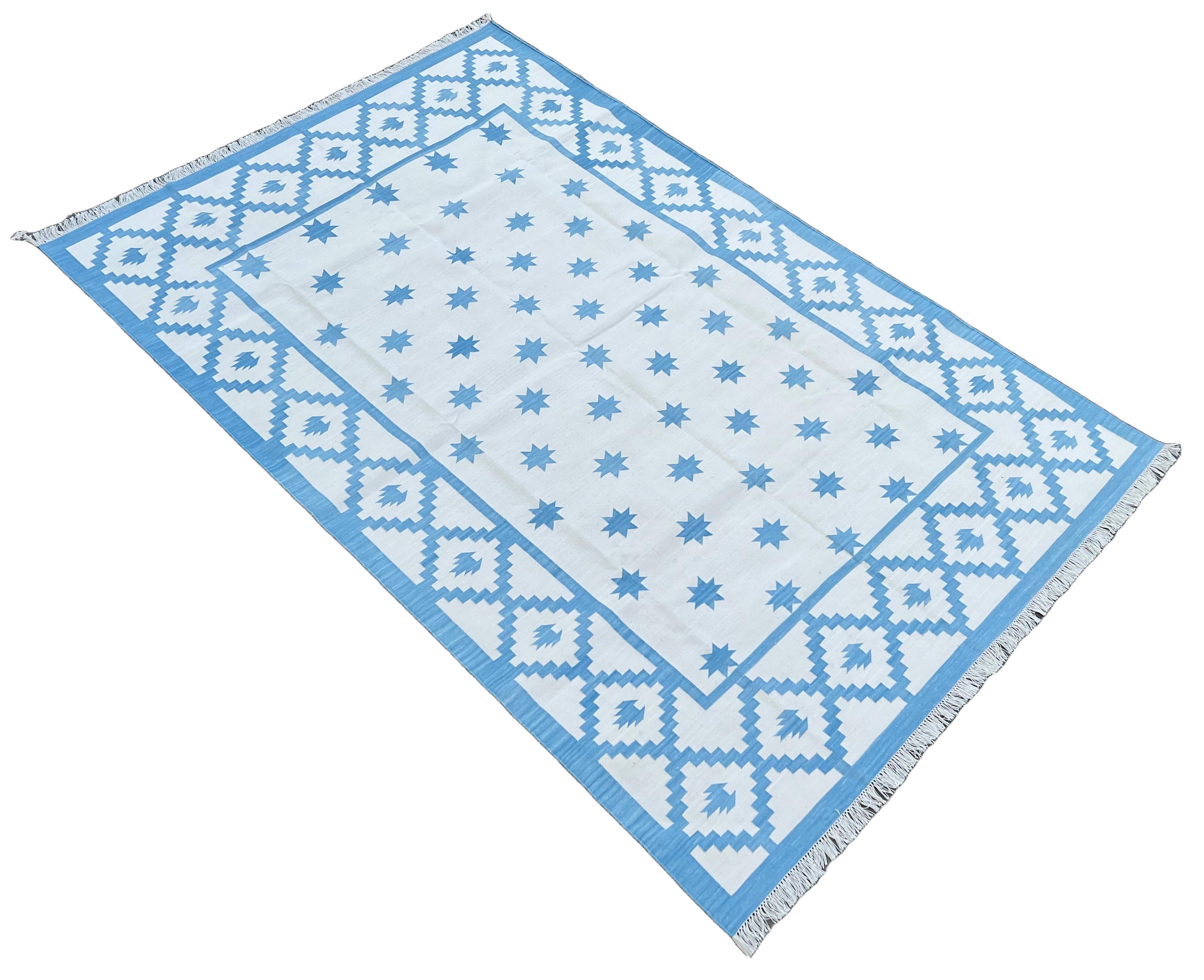 Handmade Cotton Area Flat Weave Rug, Blue & White Indian Star Geometric Dhurrie For Sale 4