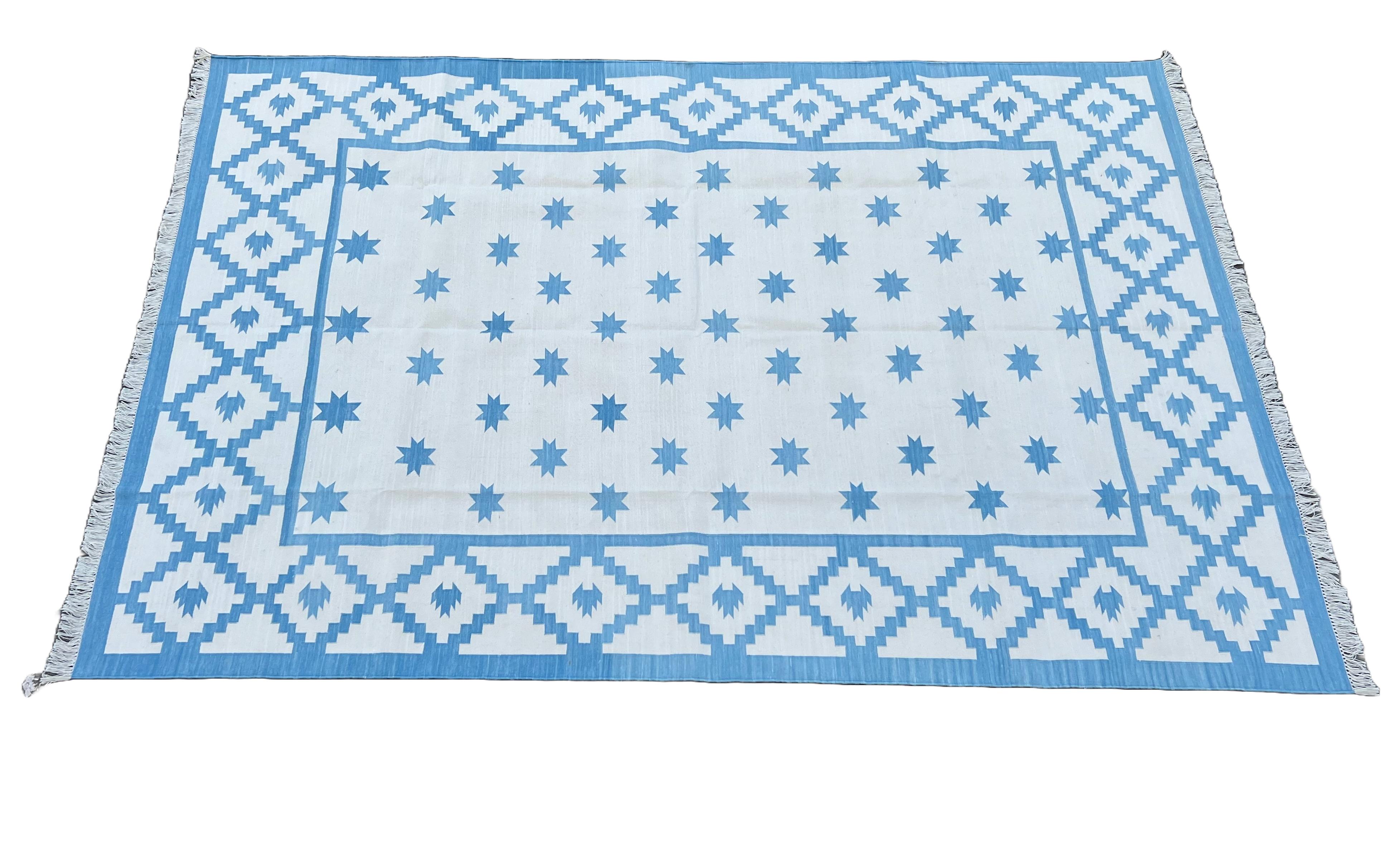 Handmade Cotton Area Flat Weave Rug, Blue & White Indian Star Geometric Dhurrie For Sale 5