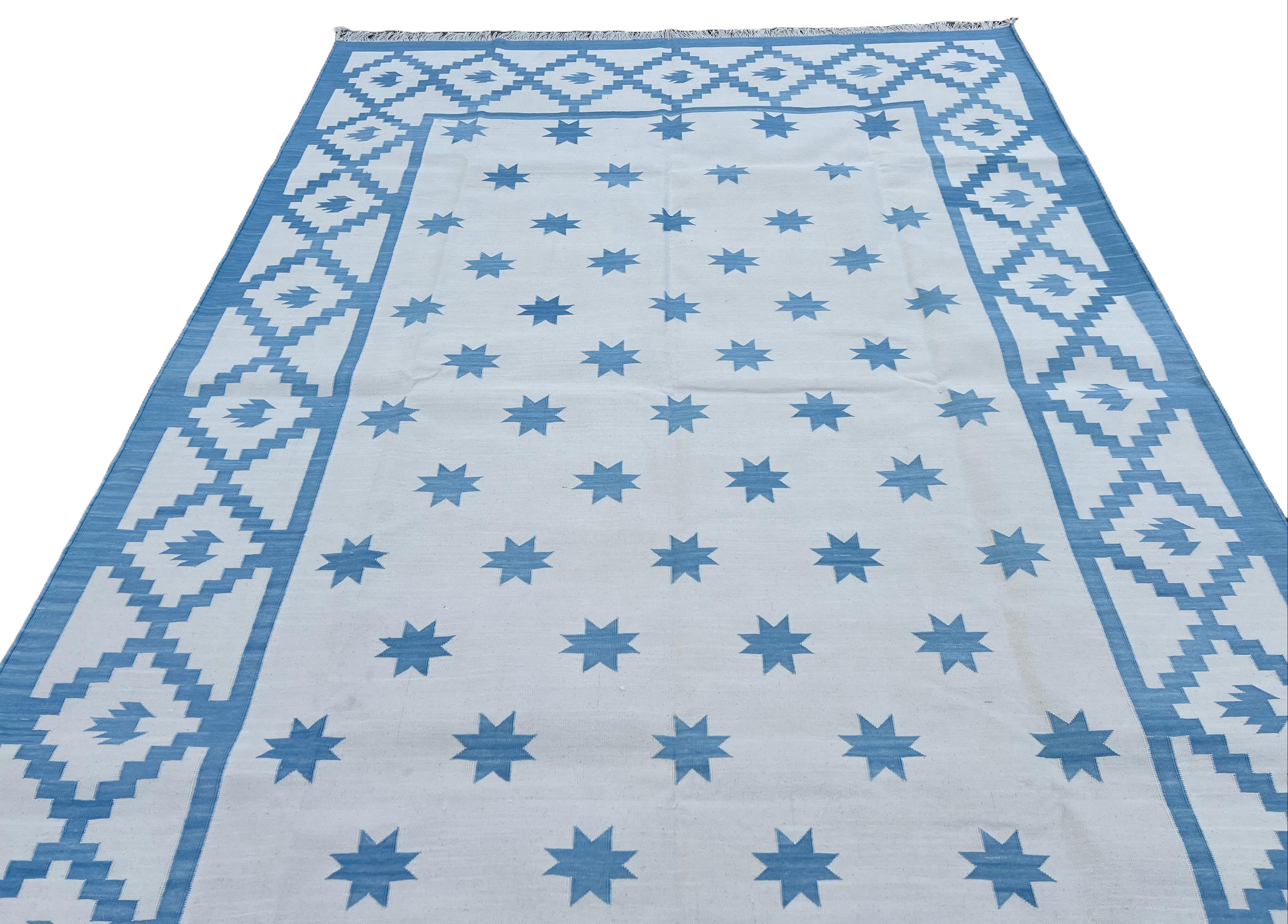 Handmade Cotton Area Flat Weave Rug, Blue & White Indian Star Geometric Dhurrie For Sale 1