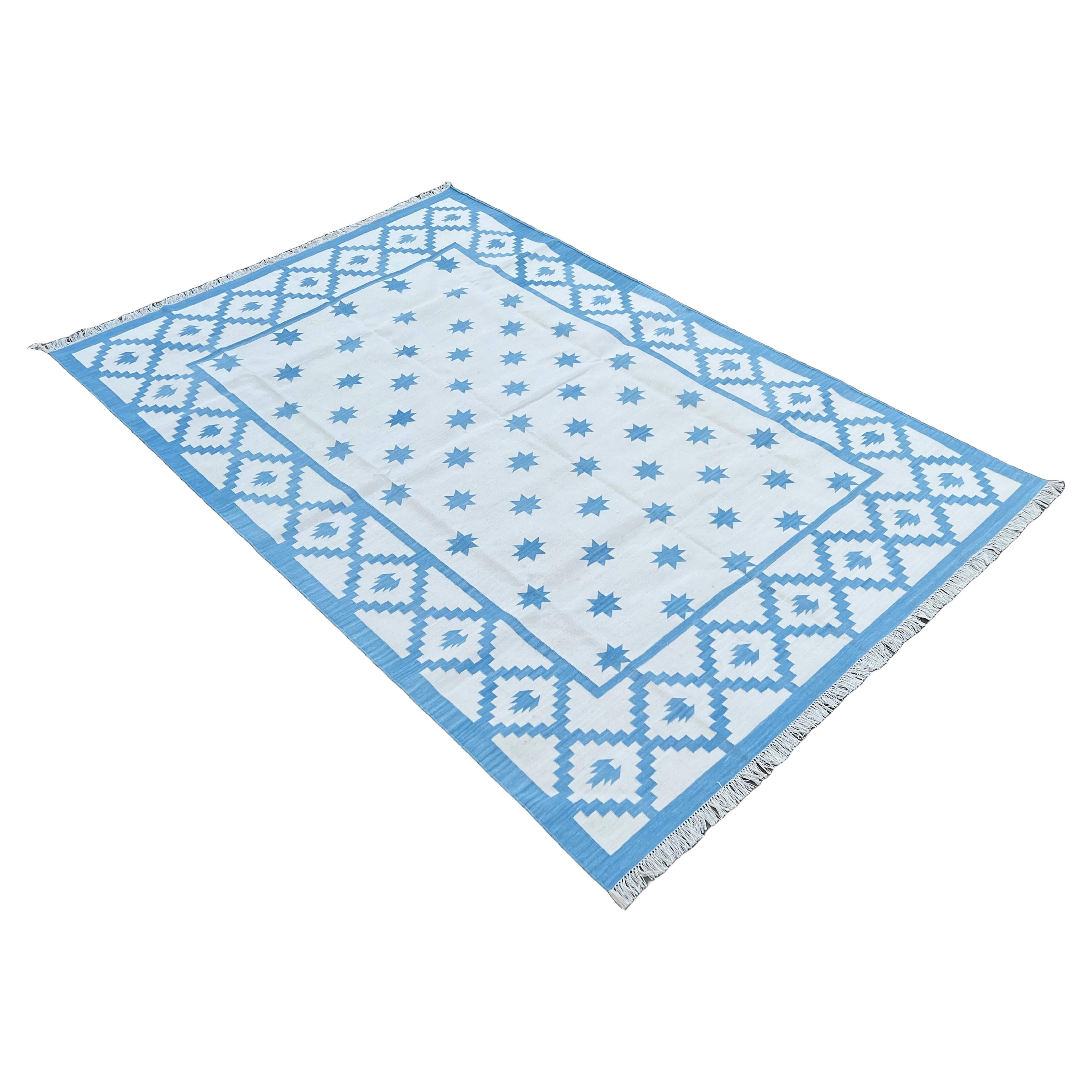 Handmade Cotton Area Flat Weave Rug, Blue & White Indian Star Geometric Dhurrie For Sale