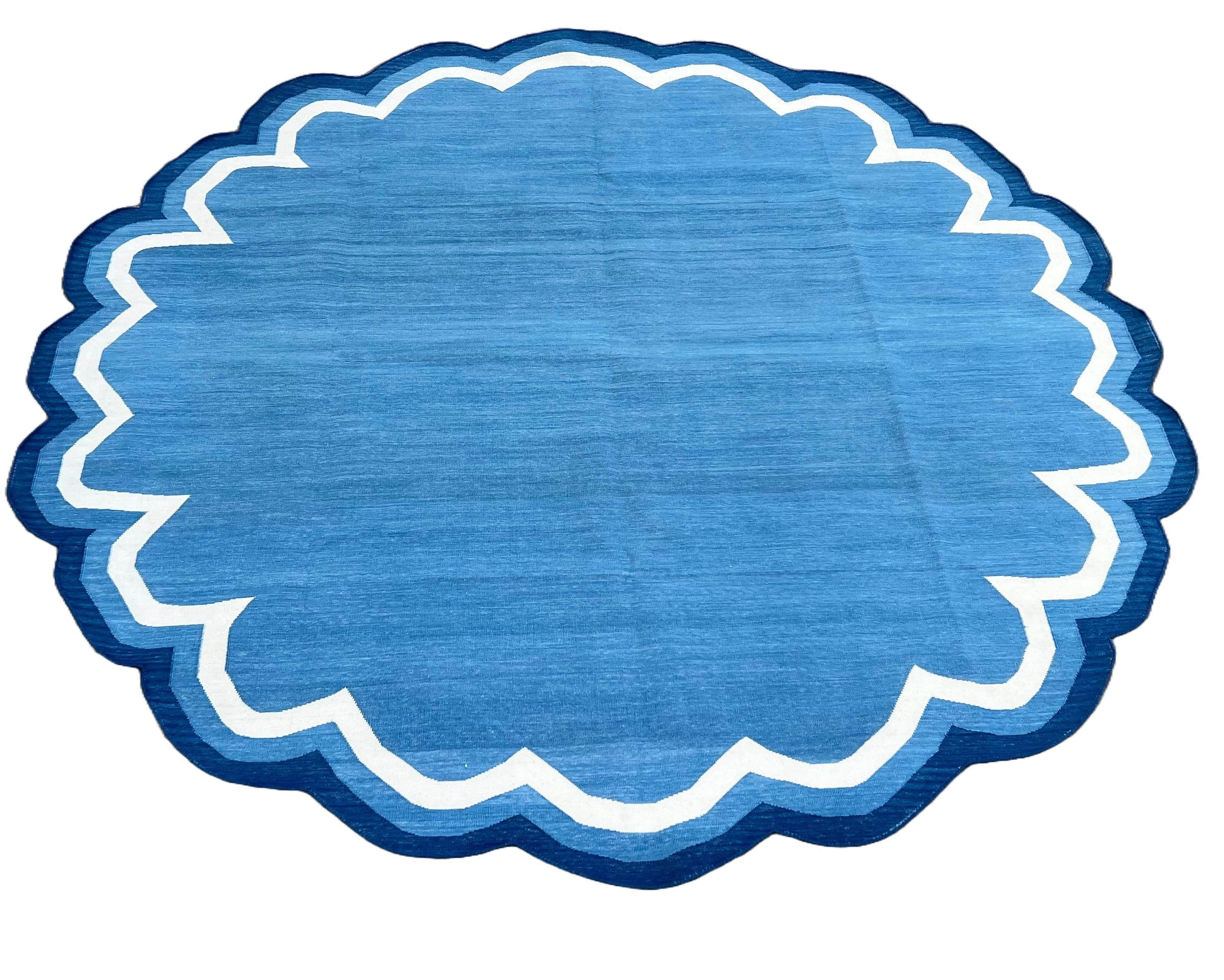 Handmade Cotton Area Flat Weave Rug, Blue & White Round Scalloped Indian Dhurrie For Sale 4