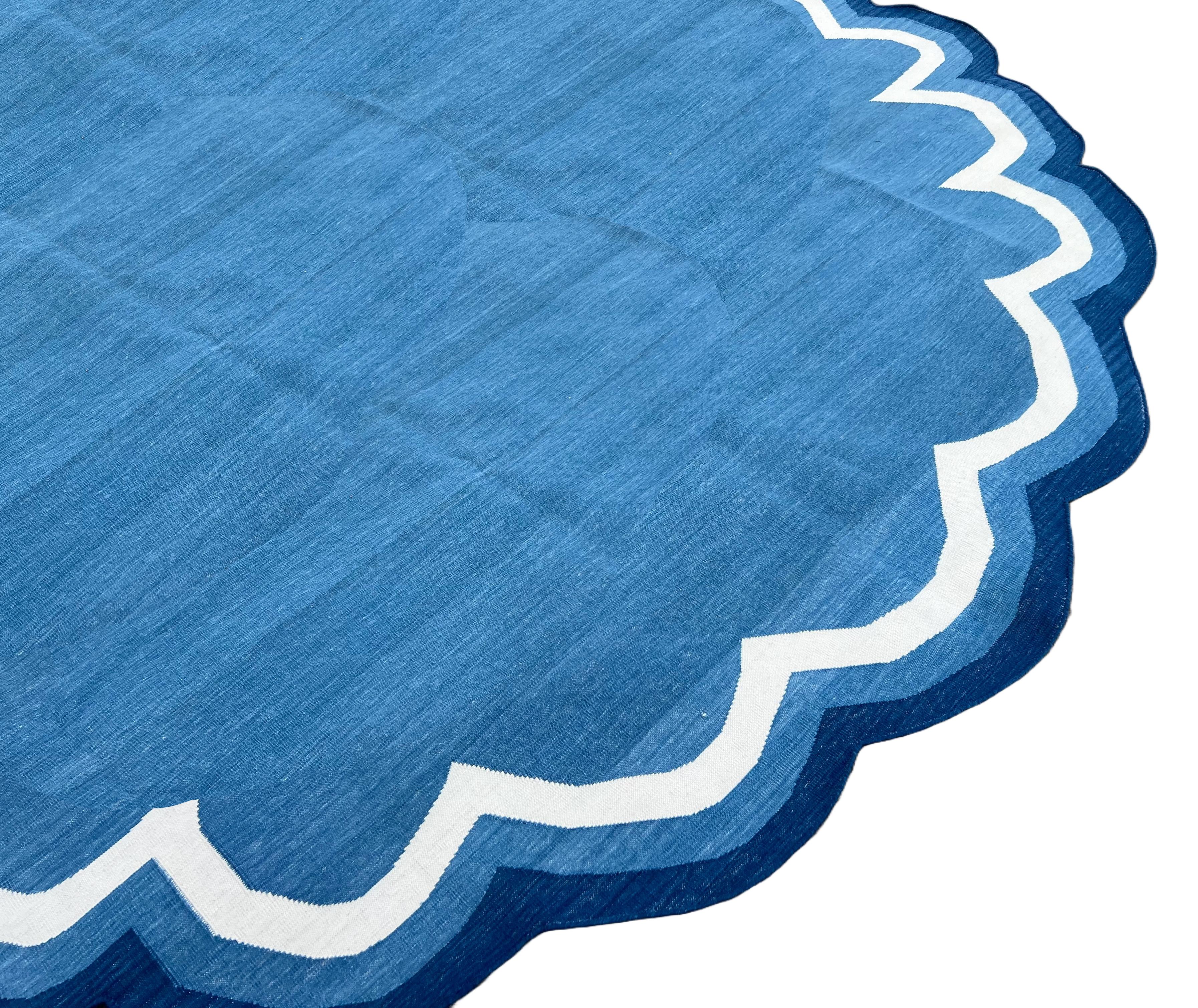 Mid-Century Modern Handmade Cotton Area Flat Weave Rug, Blue & White Round Scalloped Indian Dhurrie For Sale