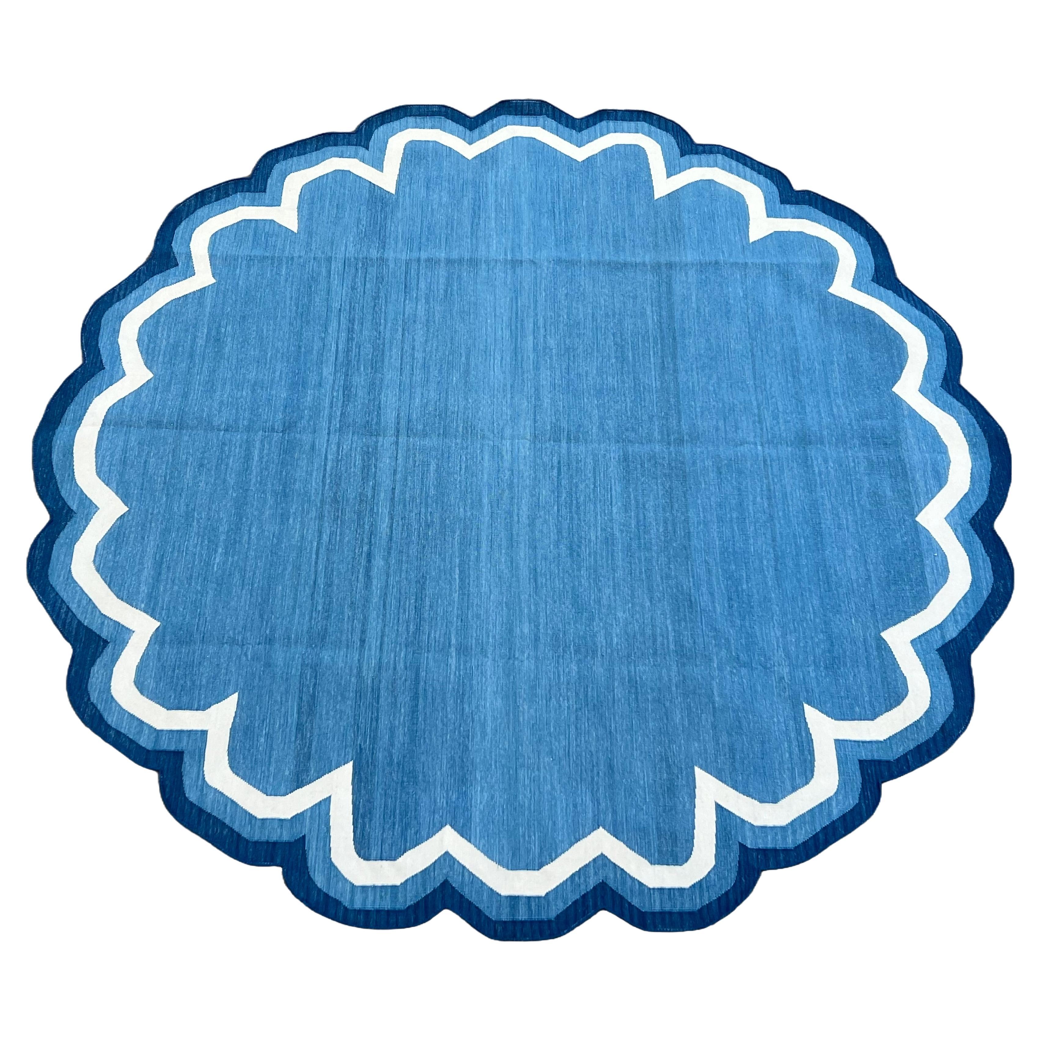 Handmade Cotton Area Flat Weave Rug, Blue & White Round Scalloped Indian Dhurrie For Sale