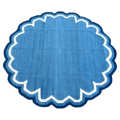Tapis de sol en coton tissé à plat, bleu et blanc, festonné rond, indien Dhurrie