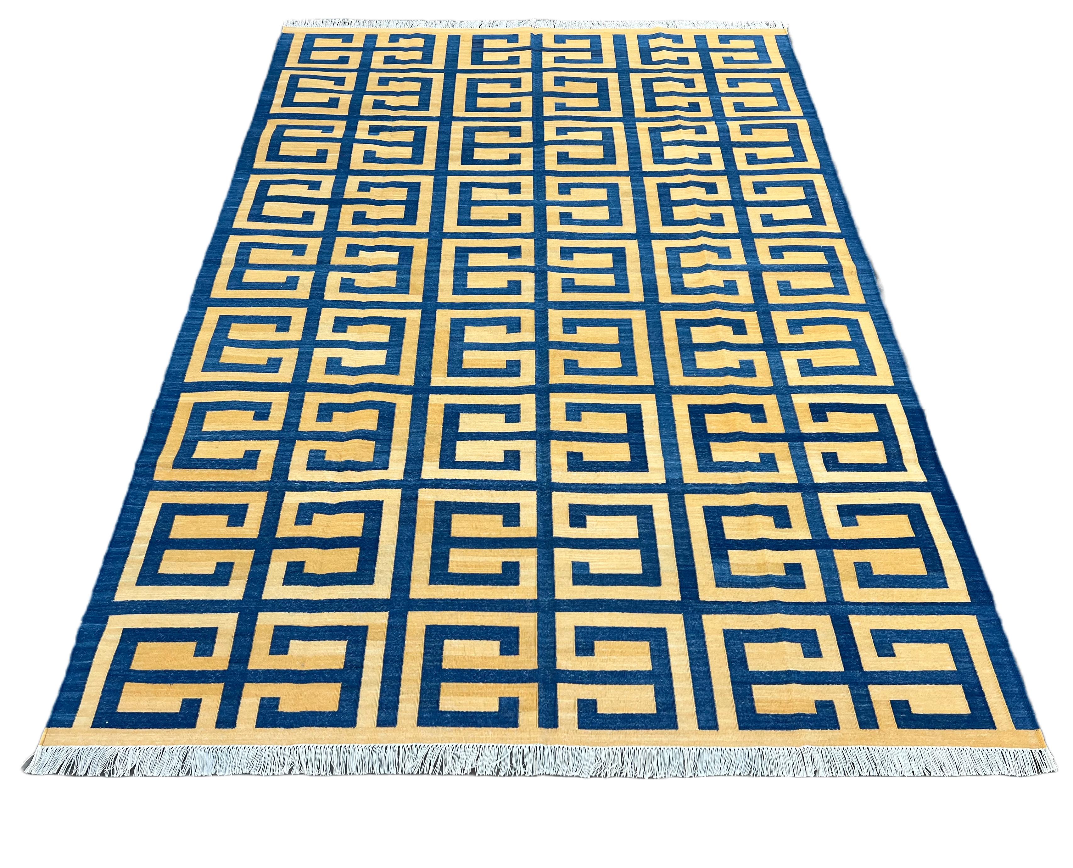 Handmade Cotton Area Flat Weave Rug, Blue & Yellow Geometric Indian Dhurrie Rug For Sale 4