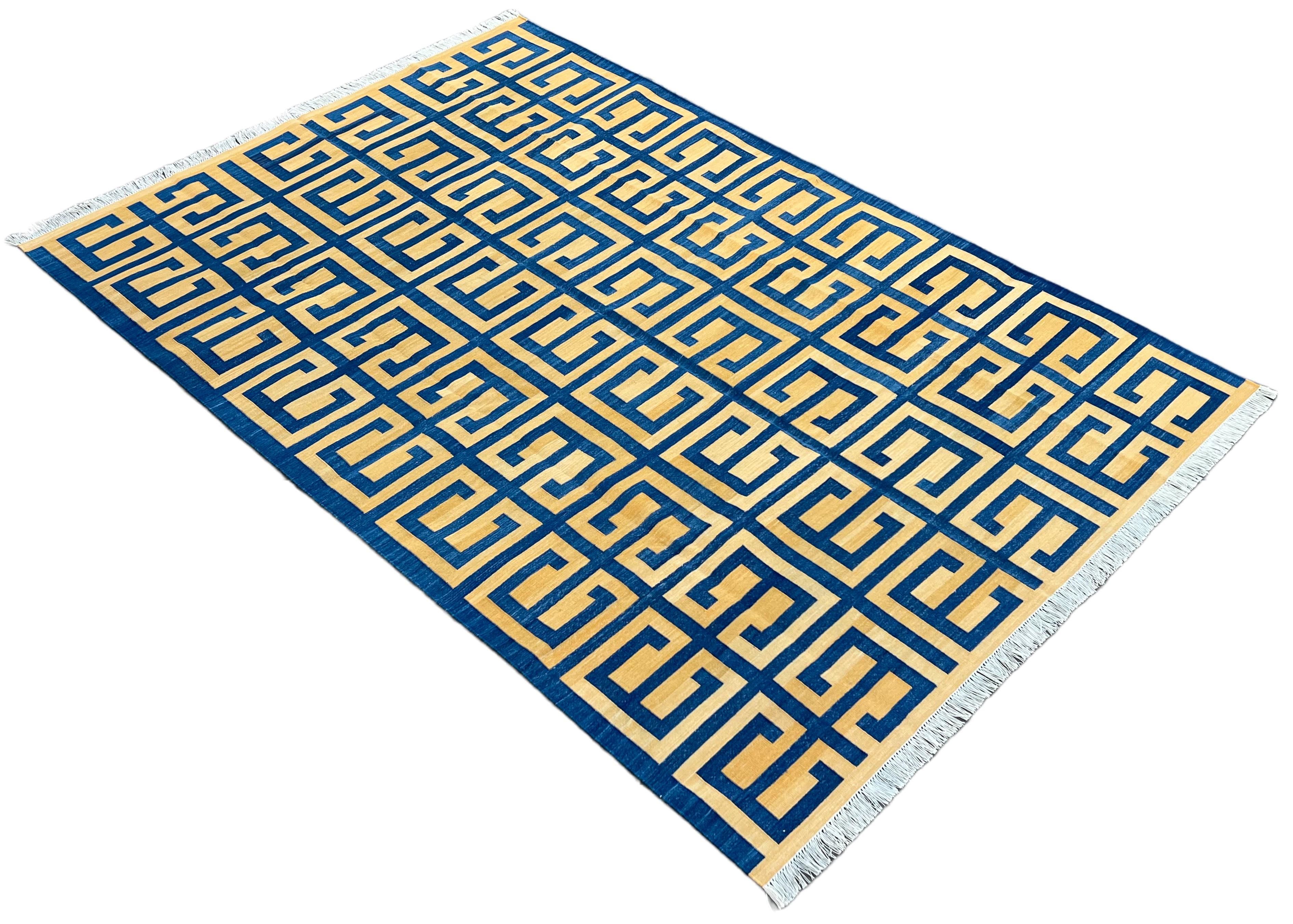 Cotton Vegetable Dyed Reversible Indigo Blue & Yellow Geometric Patterned Indian Rug - 6'x9'
These special flat-weave dhurries are hand-woven with 15 ply 100% cotton yarn. Due to the special manufacturing techniques used to create our rugs, the size