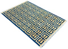 Handmade Cotton Area Flat Weave Rug, 6x9 Blue, Yellow Geometric Indian Dhurrie