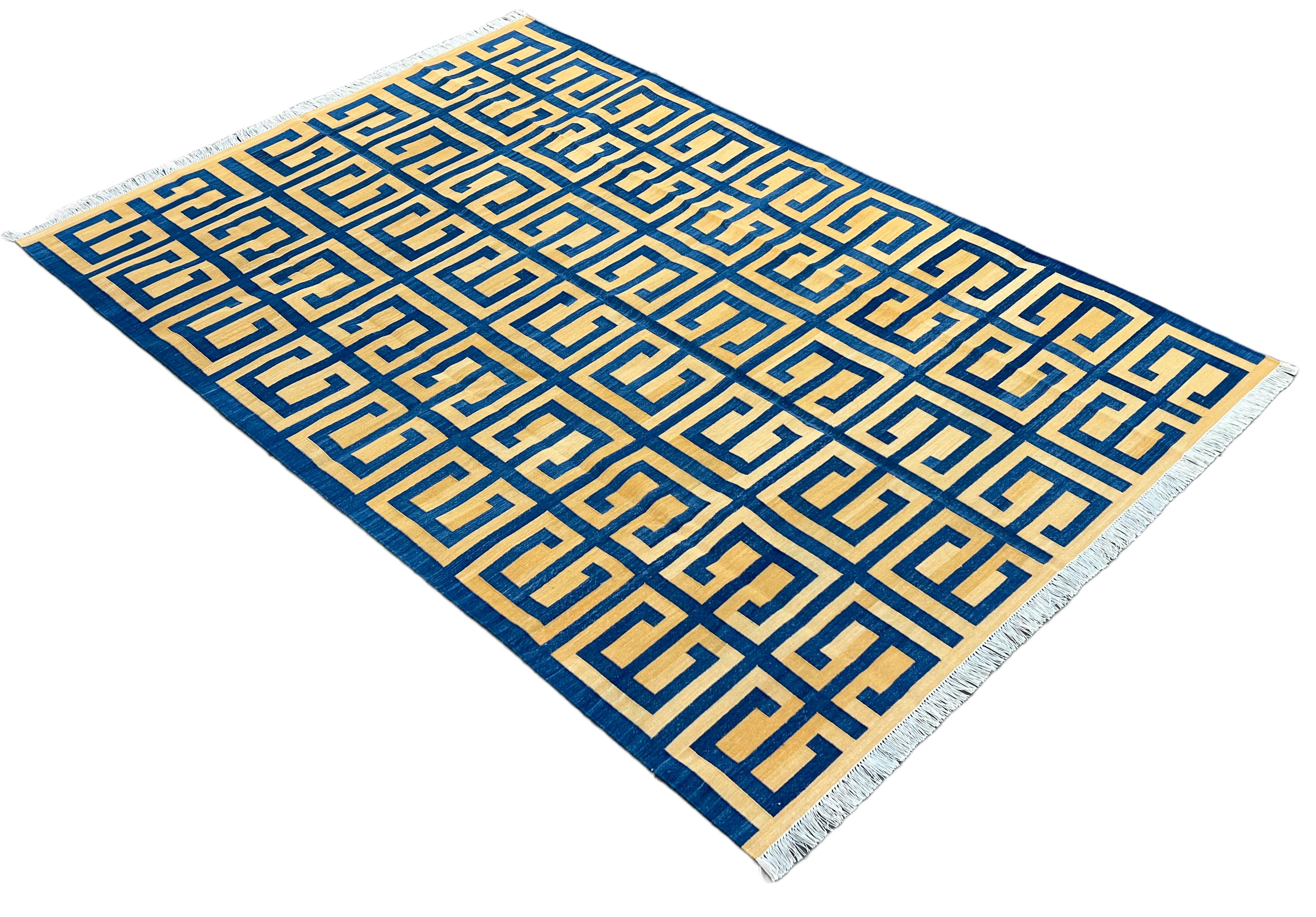Hand-Woven Handmade Cotton Area Flat Weave Rug, Blue & Yellow Geometric Indian Dhurrie Rug For Sale