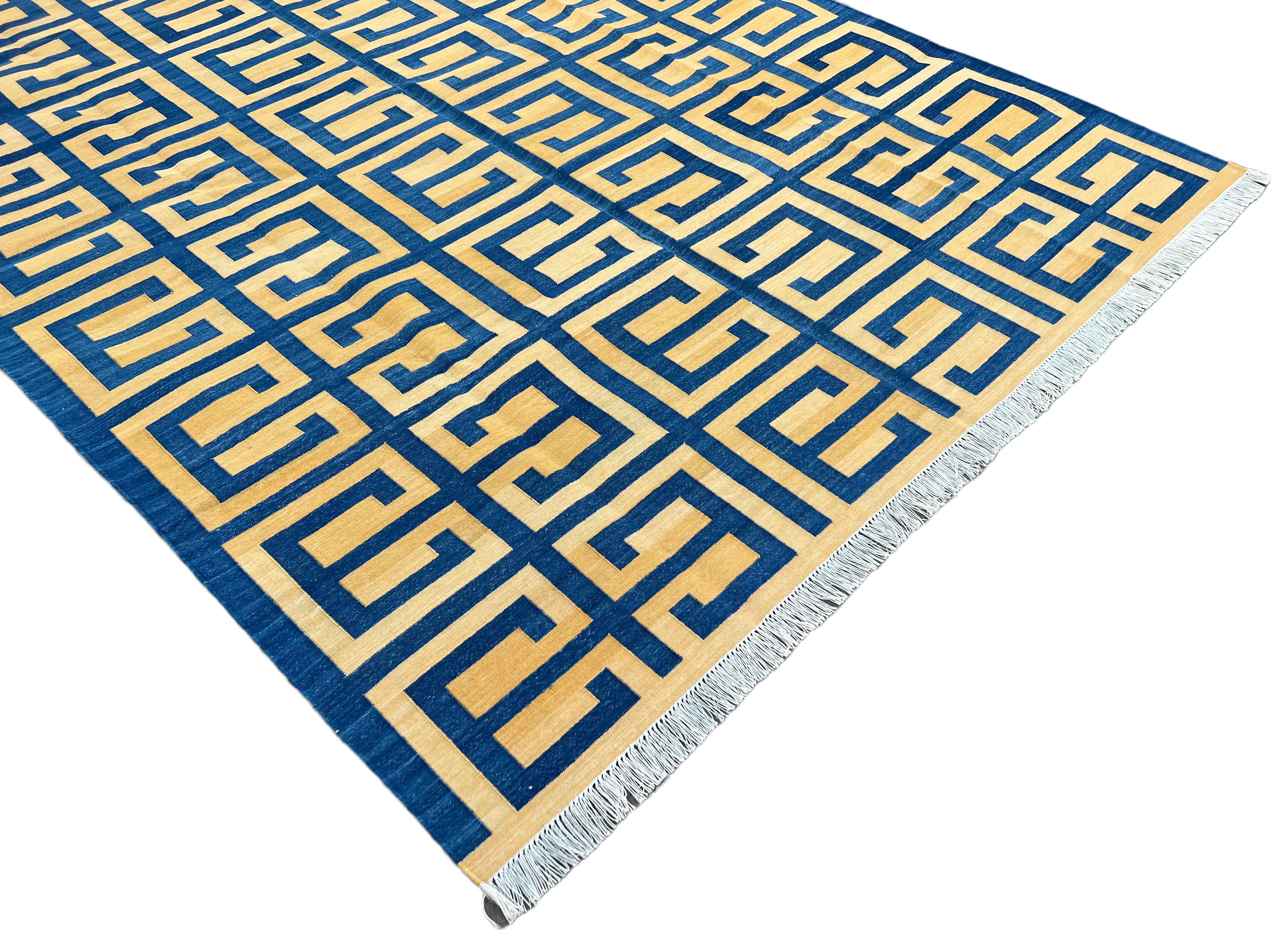 Handmade Cotton Area Flat Weave Rug, Blue & Yellow Geometric Indian Dhurrie Rug In New Condition For Sale In Jaipur, IN