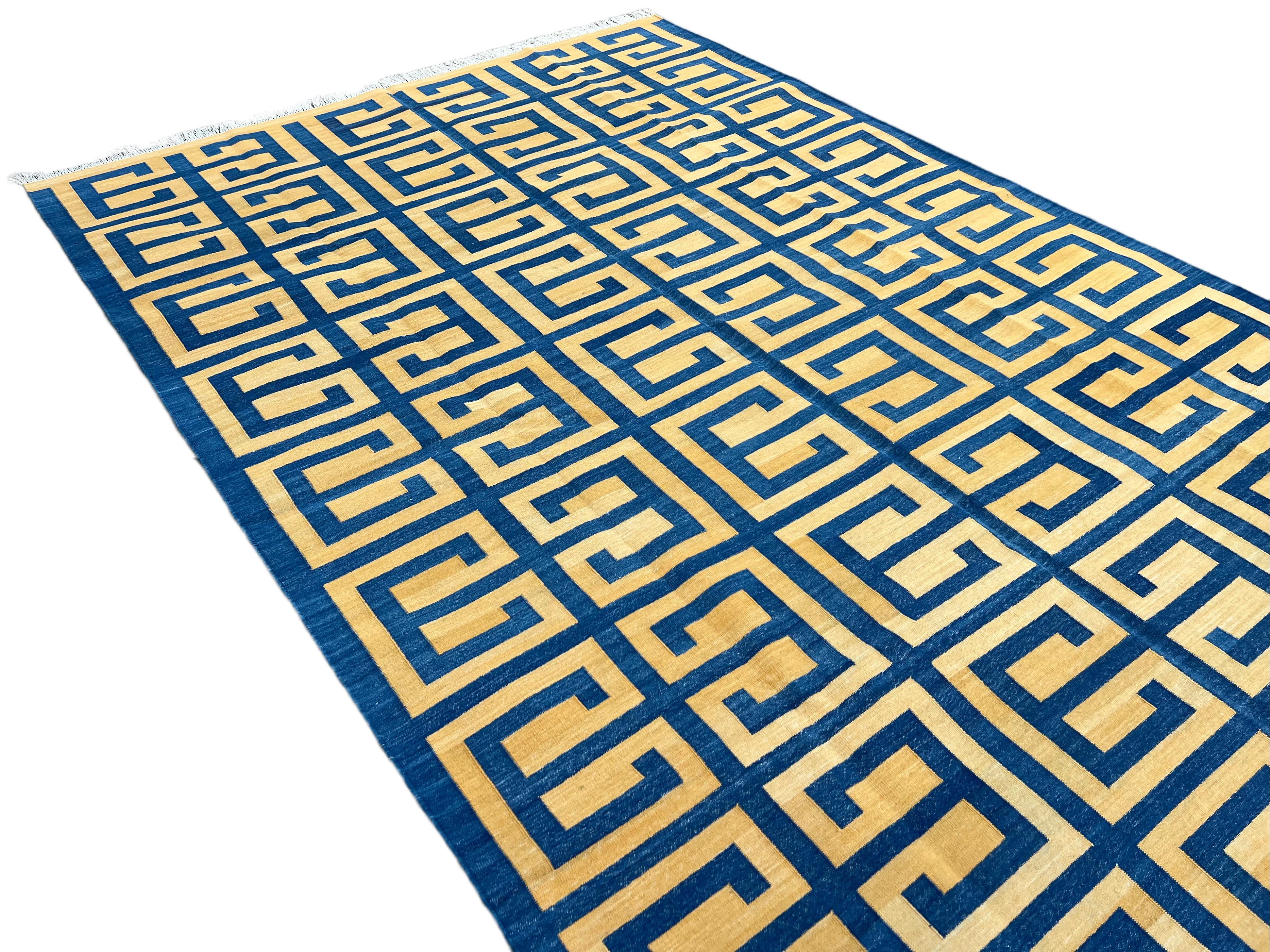 Contemporary Handmade Cotton Area Flat Weave Rug, Blue & Yellow Geometric Indian Dhurrie Rug For Sale
