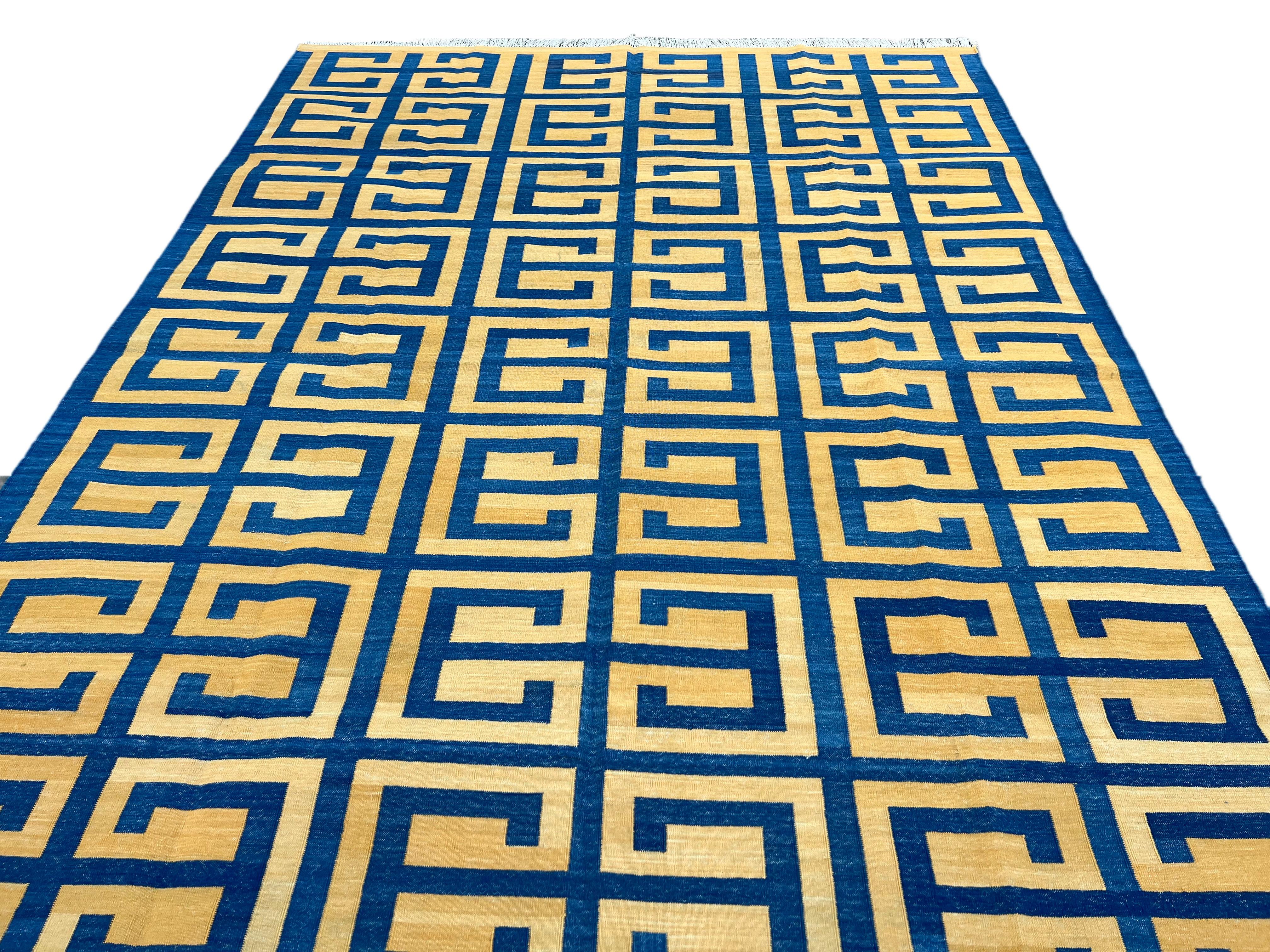 Handmade Cotton Area Flat Weave Rug, Blue & Yellow Geometric Indian Dhurrie Rug For Sale 1