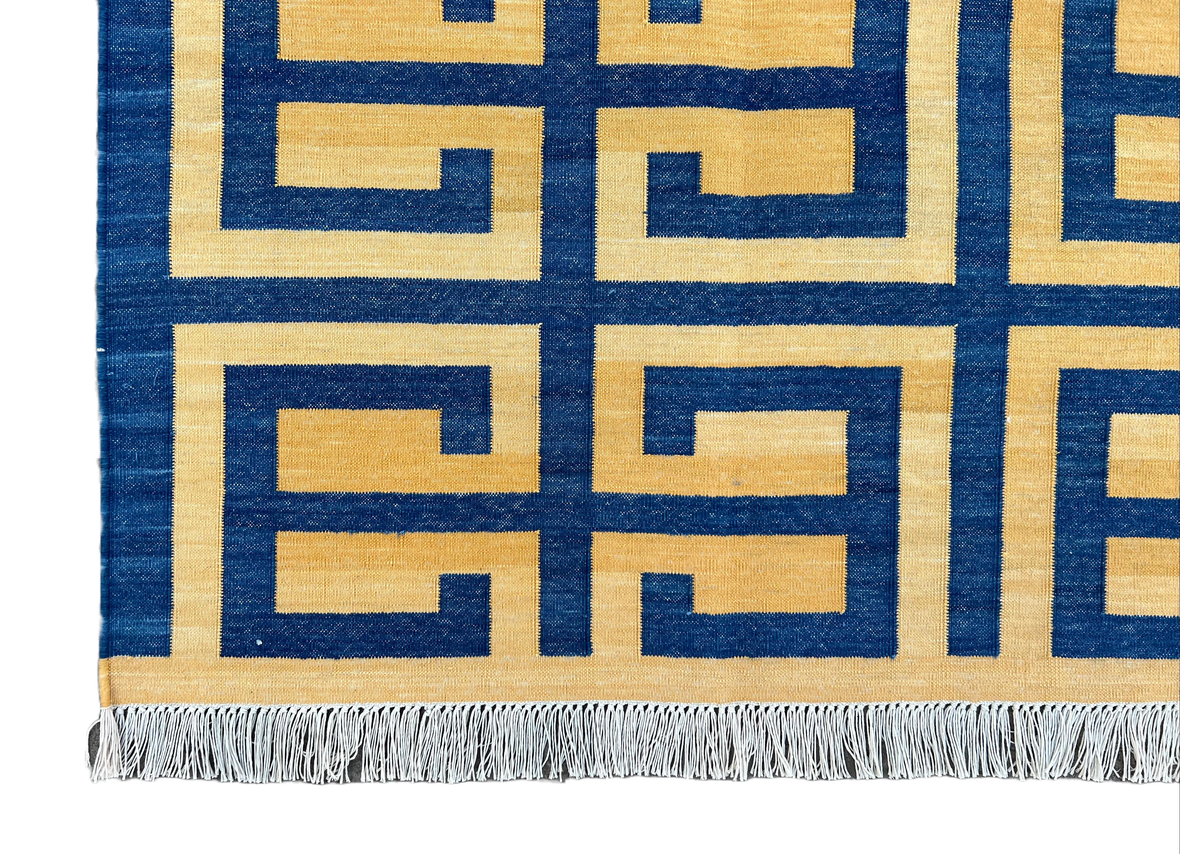 Handmade Cotton Area Flat Weave Rug, Blue & Yellow Geometric Indian Dhurrie Rug For Sale 2