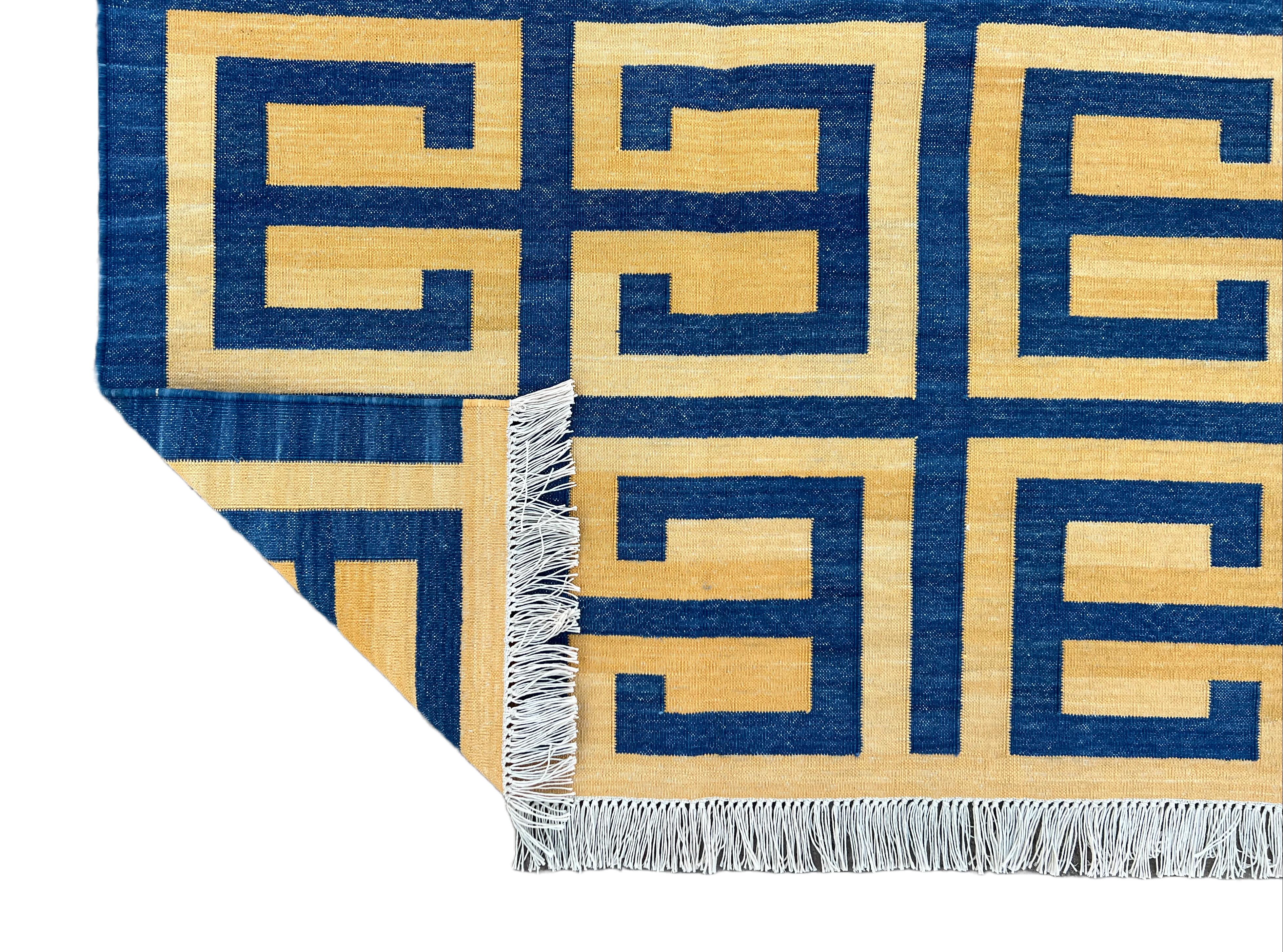 Handmade Cotton Area Flat Weave Rug, Blue & Yellow Geometric Indian Dhurrie Rug For Sale 3