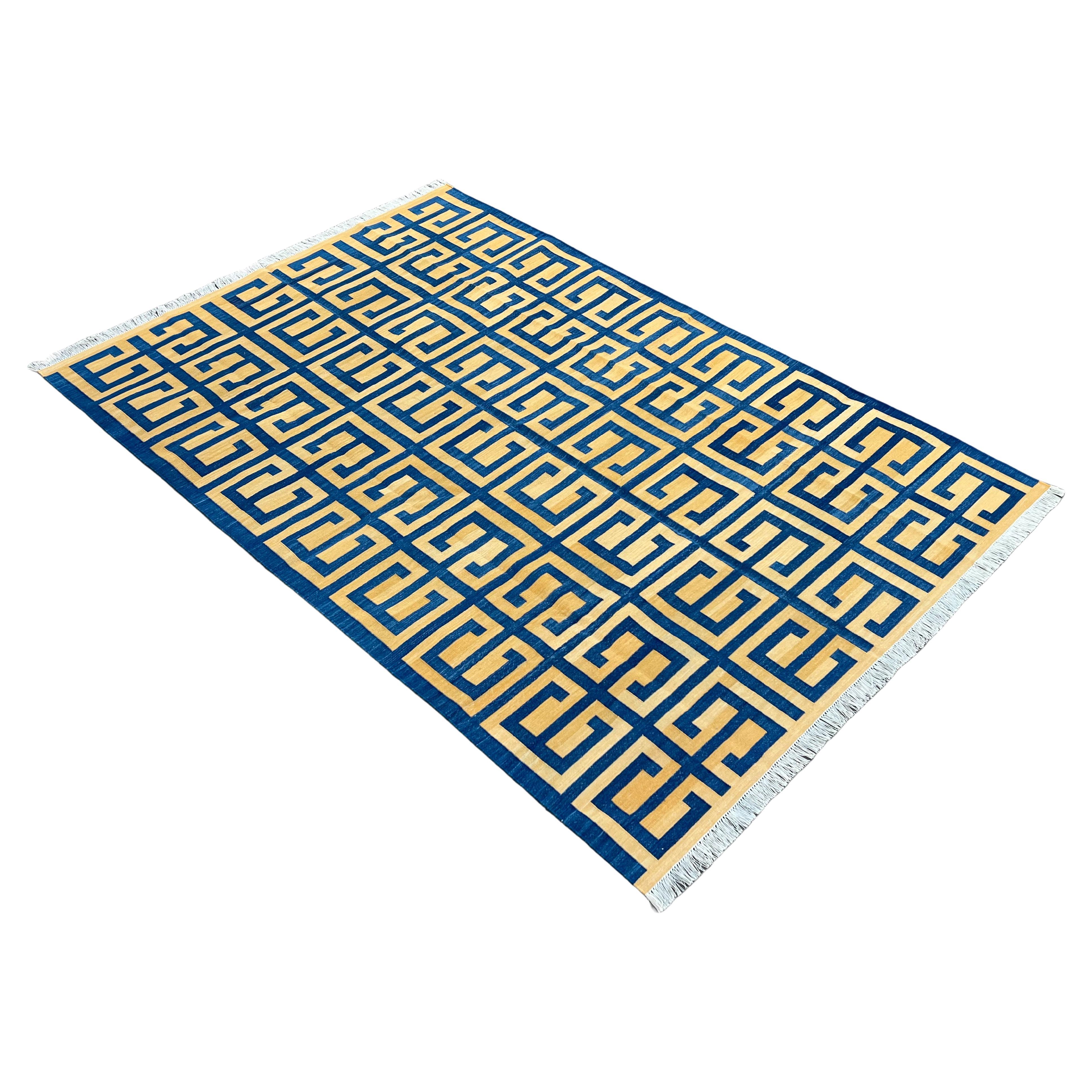 Handmade Cotton Area Flat Weave Rug, Blue & Yellow Geometric Indian Dhurrie Rug For Sale
