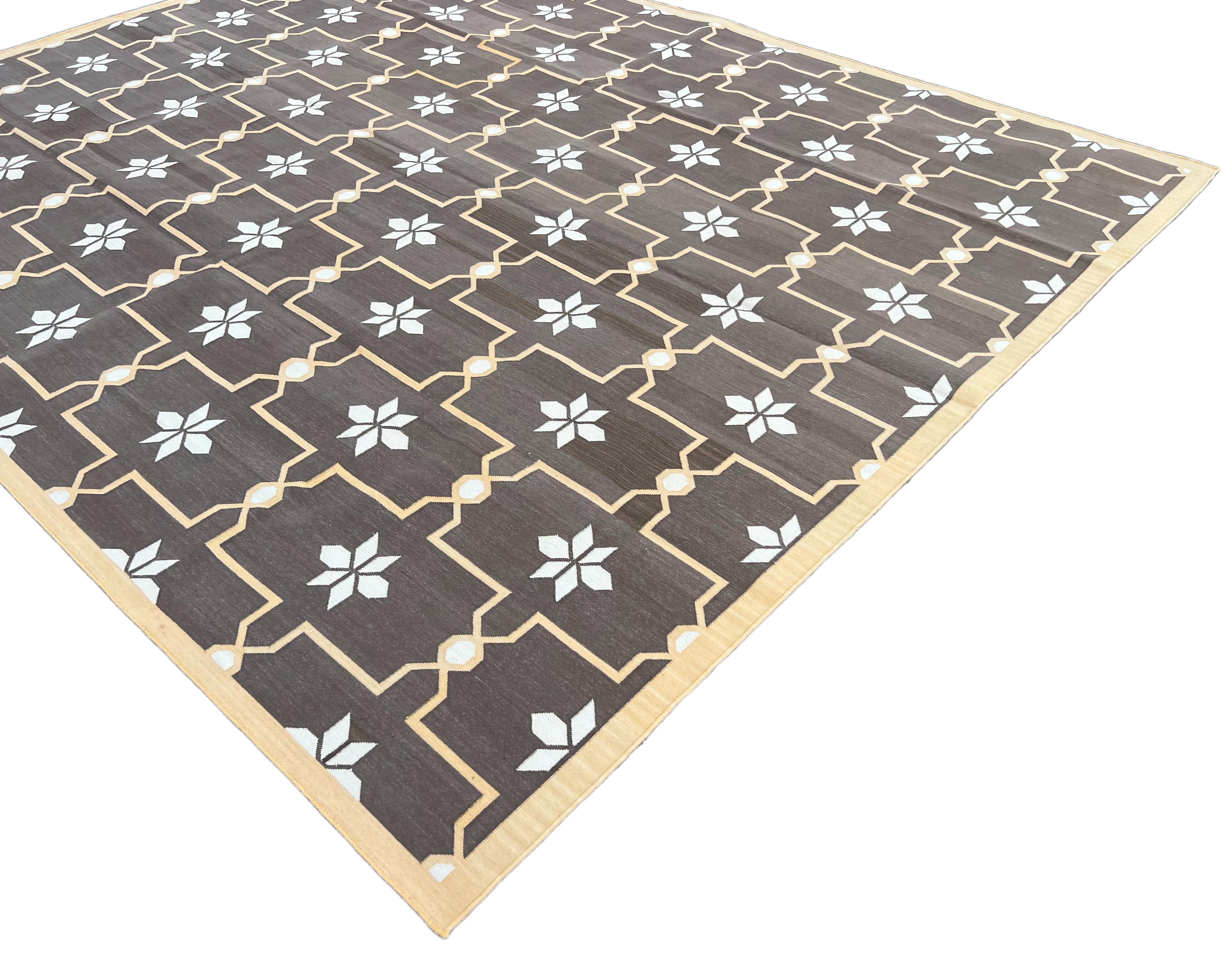 Indian Handmade Cotton Area Flat Weave Rug, Brown And Cream Flower Pattern Dhurrie Rug For Sale